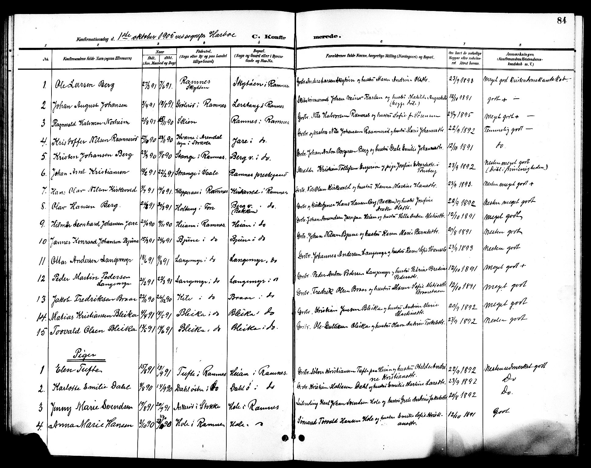 Ramnes kirkebøker, AV/SAKO-A-314/G/Ga/L0004: Parish register (copy) no. I 4, 1896-1911, p. 84