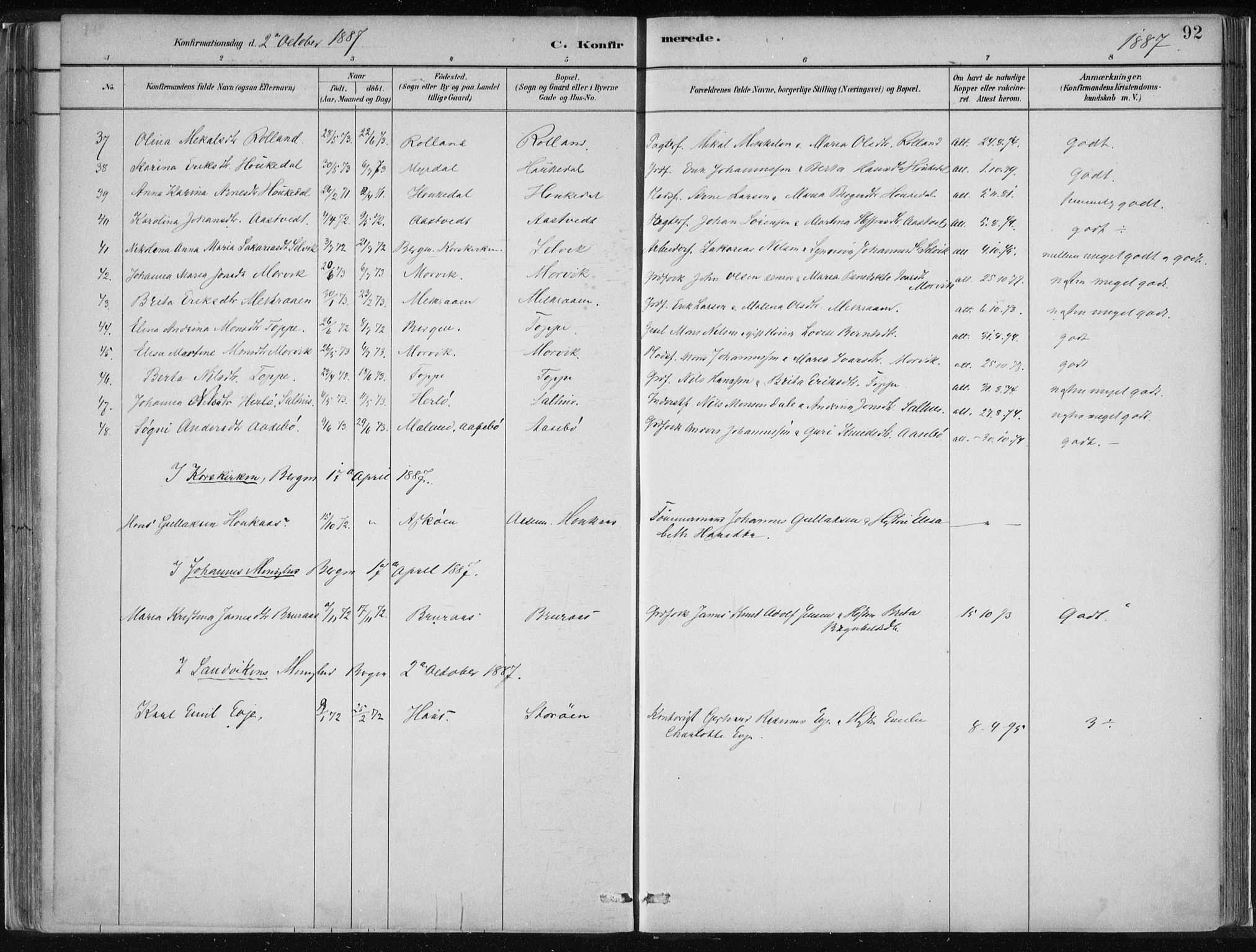 Hamre sokneprestembete, AV/SAB-A-75501/H/Ha/Haa/Haad/L0001: Parish register (official) no. D  1, 1882-1906, p. 92