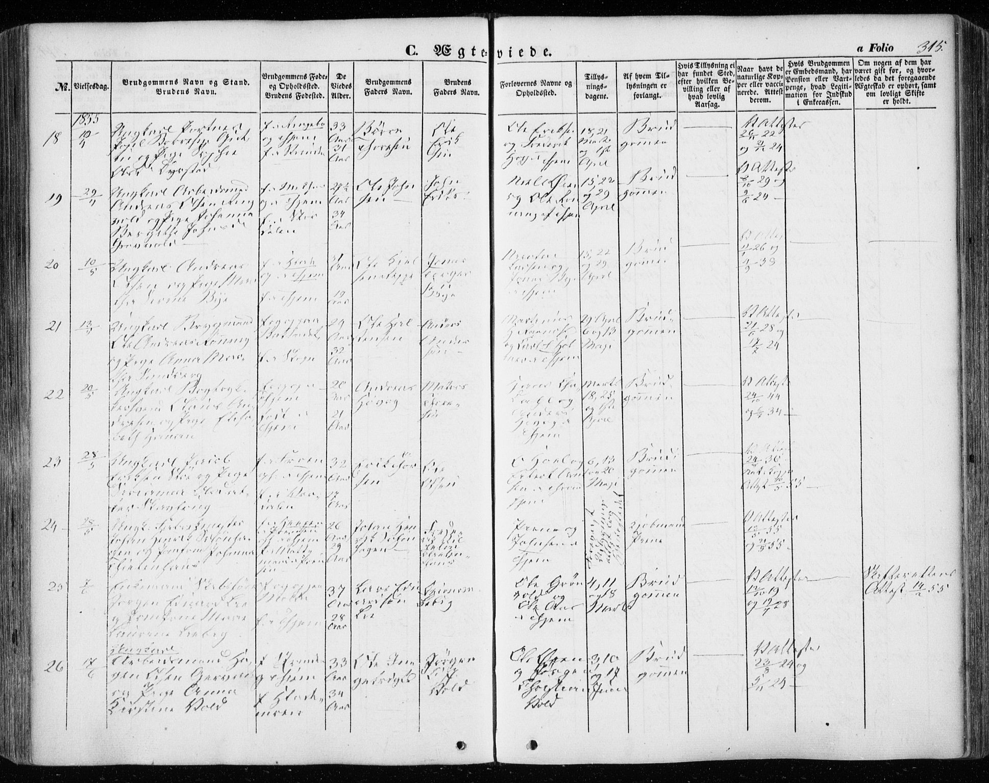 Ministerialprotokoller, klokkerbøker og fødselsregistre - Sør-Trøndelag, SAT/A-1456/601/L0051: Parish register (official) no. 601A19, 1848-1857, p. 315