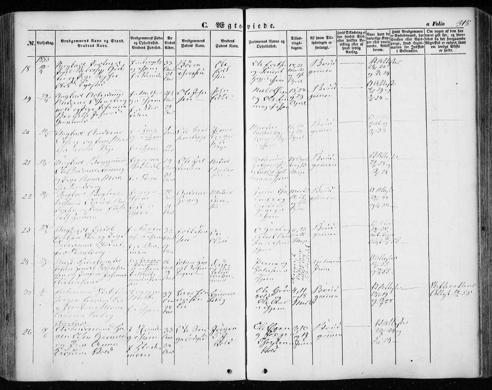 Ministerialprotokoller, klokkerbøker og fødselsregistre - Sør-Trøndelag, AV/SAT-A-1456/601/L0051: Parish register (official) no. 601A19, 1848-1857, p. 315