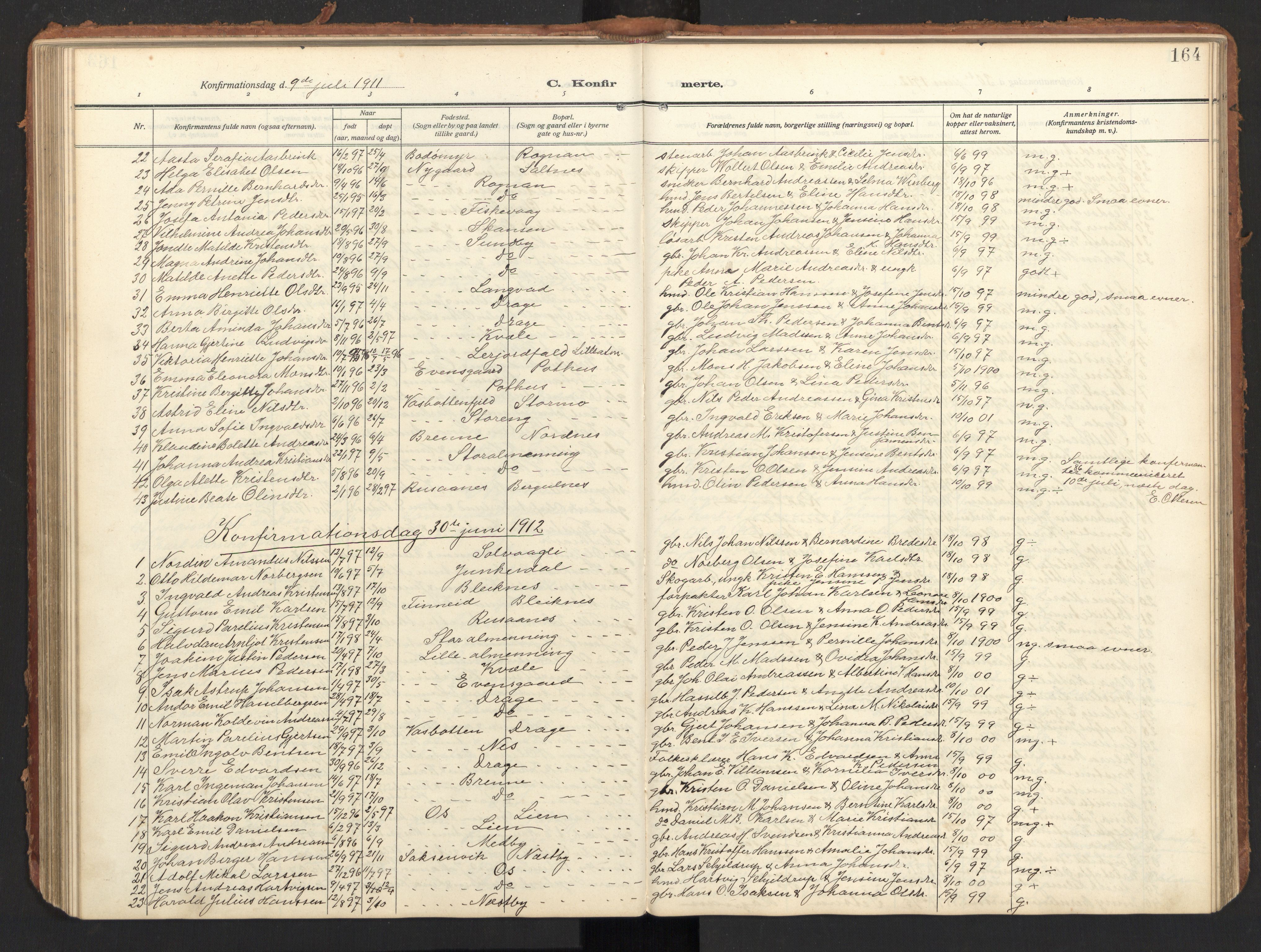 Ministerialprotokoller, klokkerbøker og fødselsregistre - Nordland, SAT/A-1459/847/L0683: Parish register (copy) no. 847C11, 1908-1929, p. 164