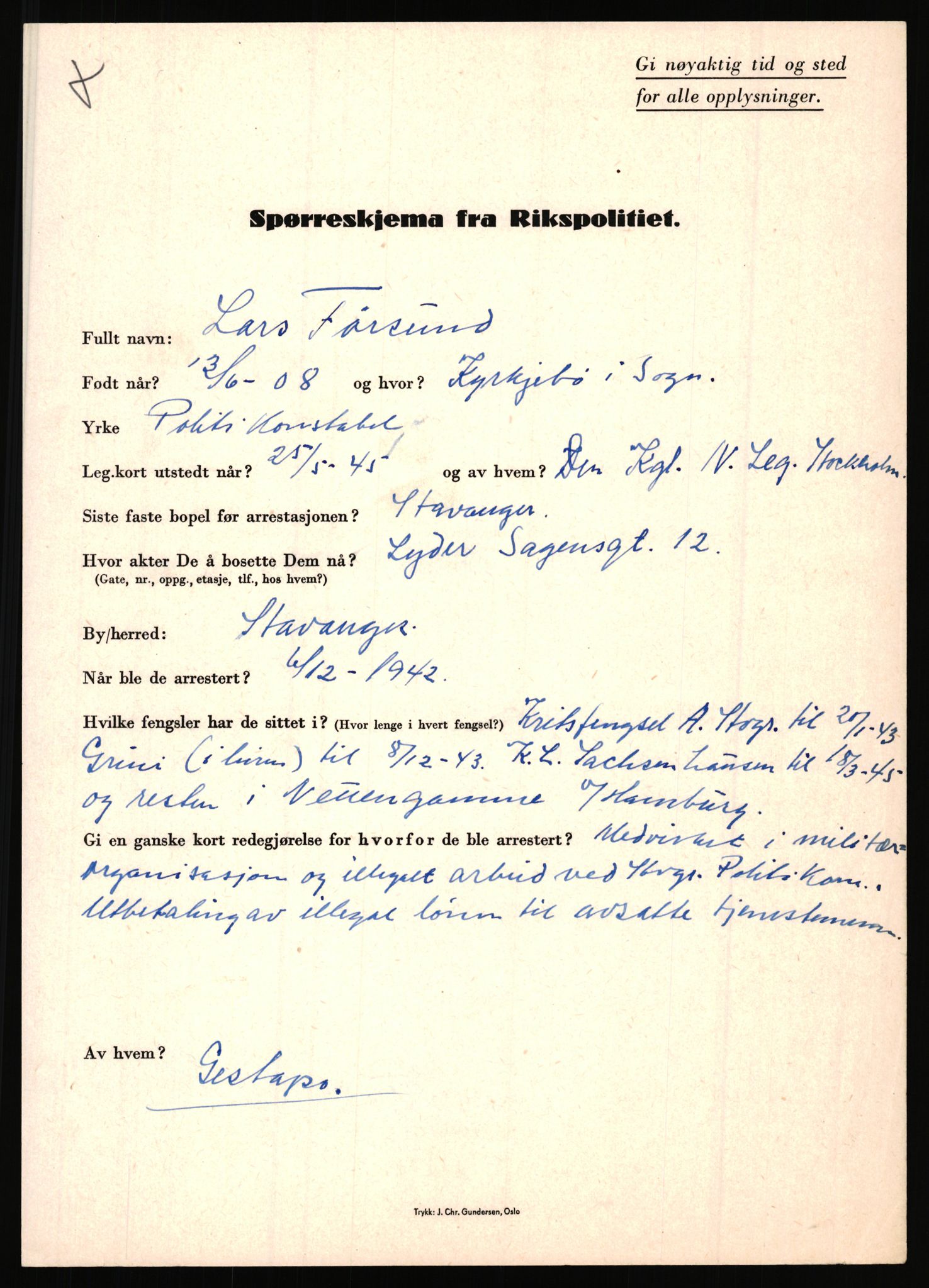 Rikspolitisjefen, AV/RA-S-1560/L/L0004: Eriksen, Alf - Geving, Øivind, 1940-1945, p. 1023