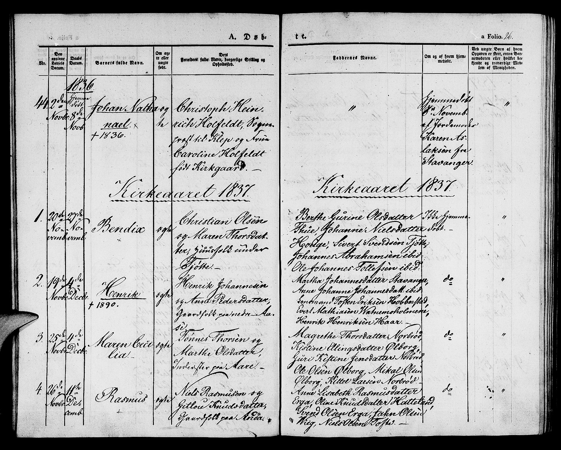 Klepp sokneprestkontor, SAST/A-101803/001/3/30BA/L0003: Parish register (official) no. A 3, 1833-1842, p. 26