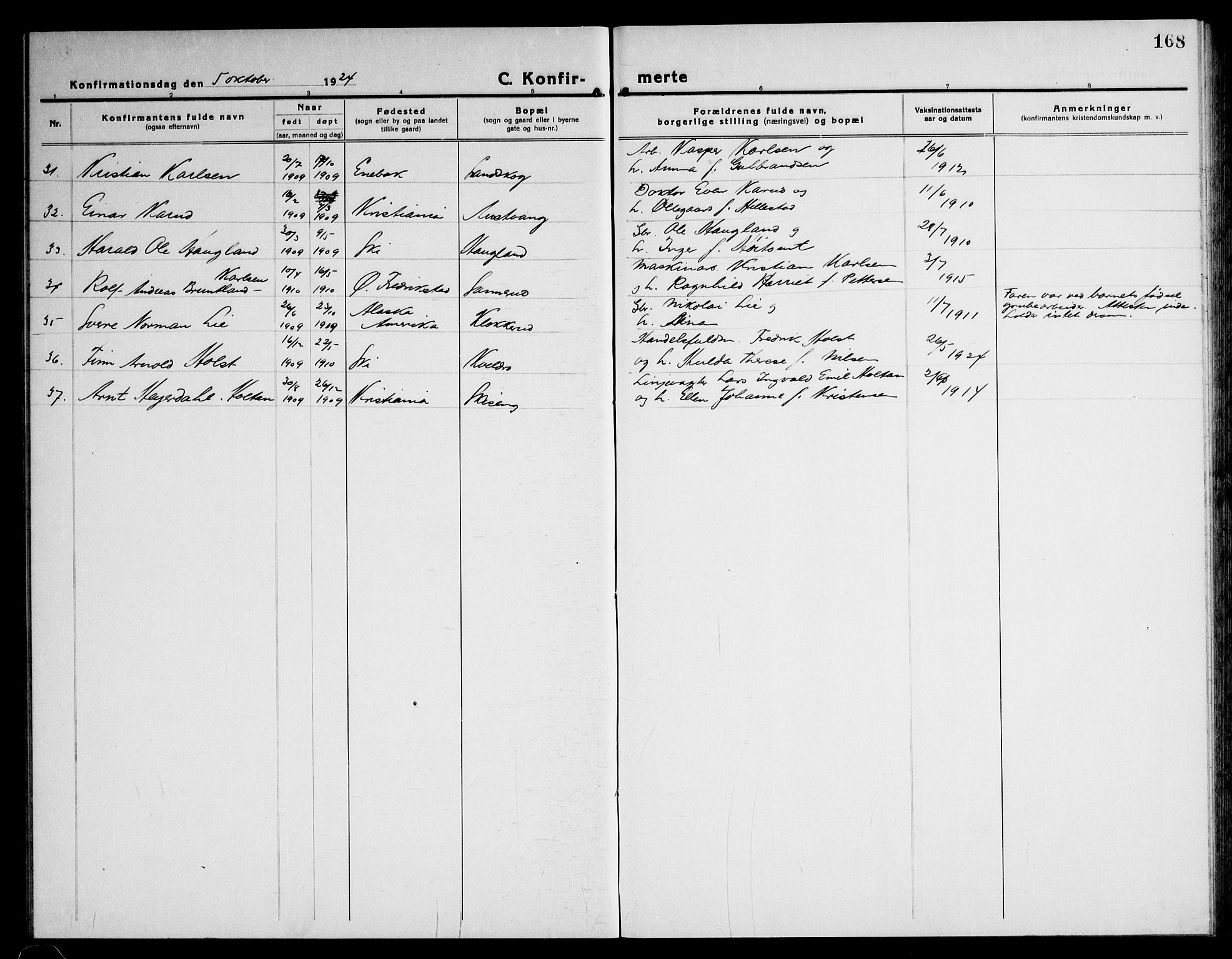 Kråkstad prestekontor Kirkebøker, SAO/A-10125a/G/Gb/L0002: Parish register (copy) no. II 2, 1921-1941, p. 168