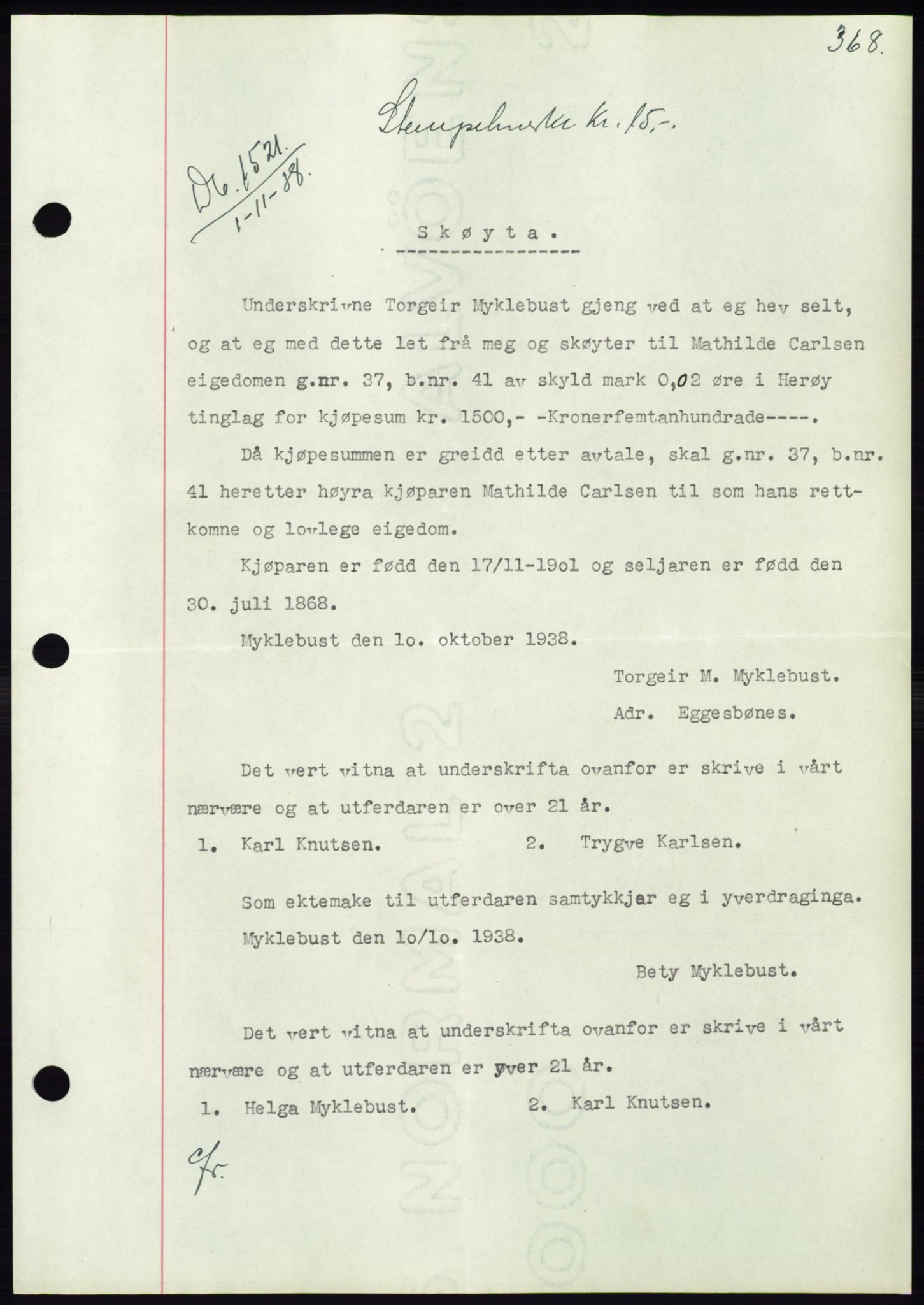 Søre Sunnmøre sorenskriveri, AV/SAT-A-4122/1/2/2C/L0066: Mortgage book no. 60, 1938-1938, Diary no: : 1521/1938