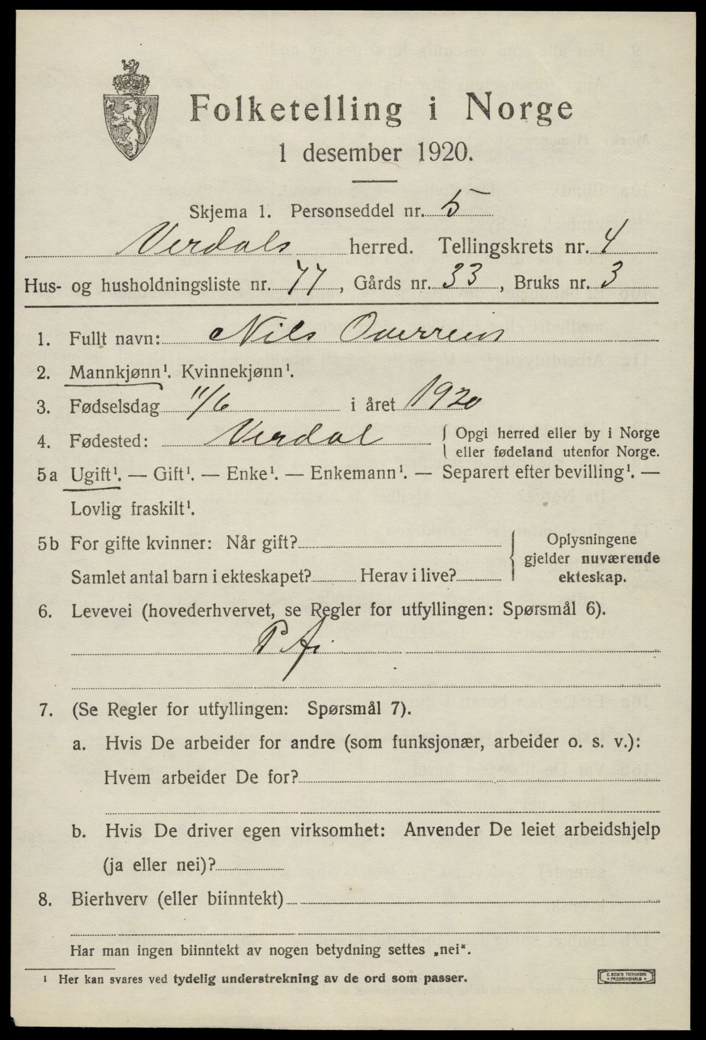 SAT, 1920 census for Verdal, 1920, p. 8565