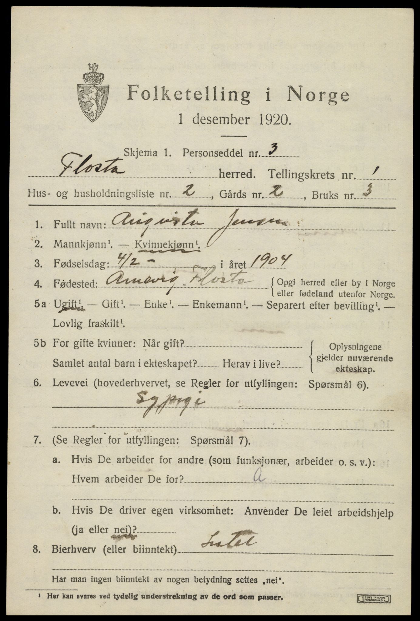 SAK, 1920 census for Flosta, 1920, p. 862