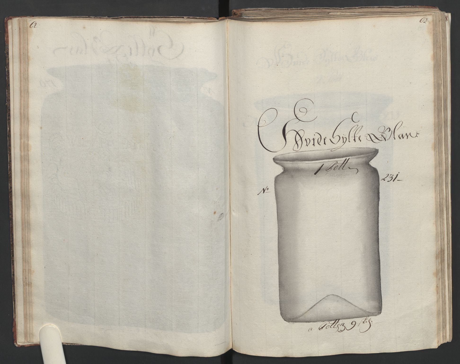 Glassverk, samlinger, AV/RA-PA-0001/F/Fa/L0036: Modellbok for Nøstetangens og Aas' produkter med prisangivelse,, 1763, p. 62-63