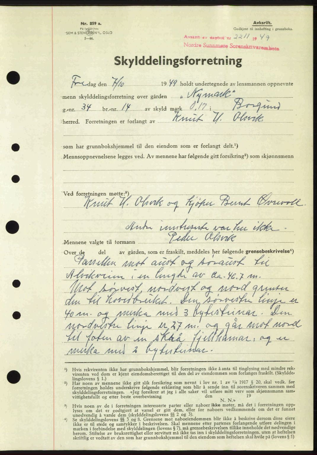 Nordre Sunnmøre sorenskriveri, AV/SAT-A-0006/1/2/2C/2Ca: Mortgage book no. A32, 1949-1949, Diary no: : 2211/1949