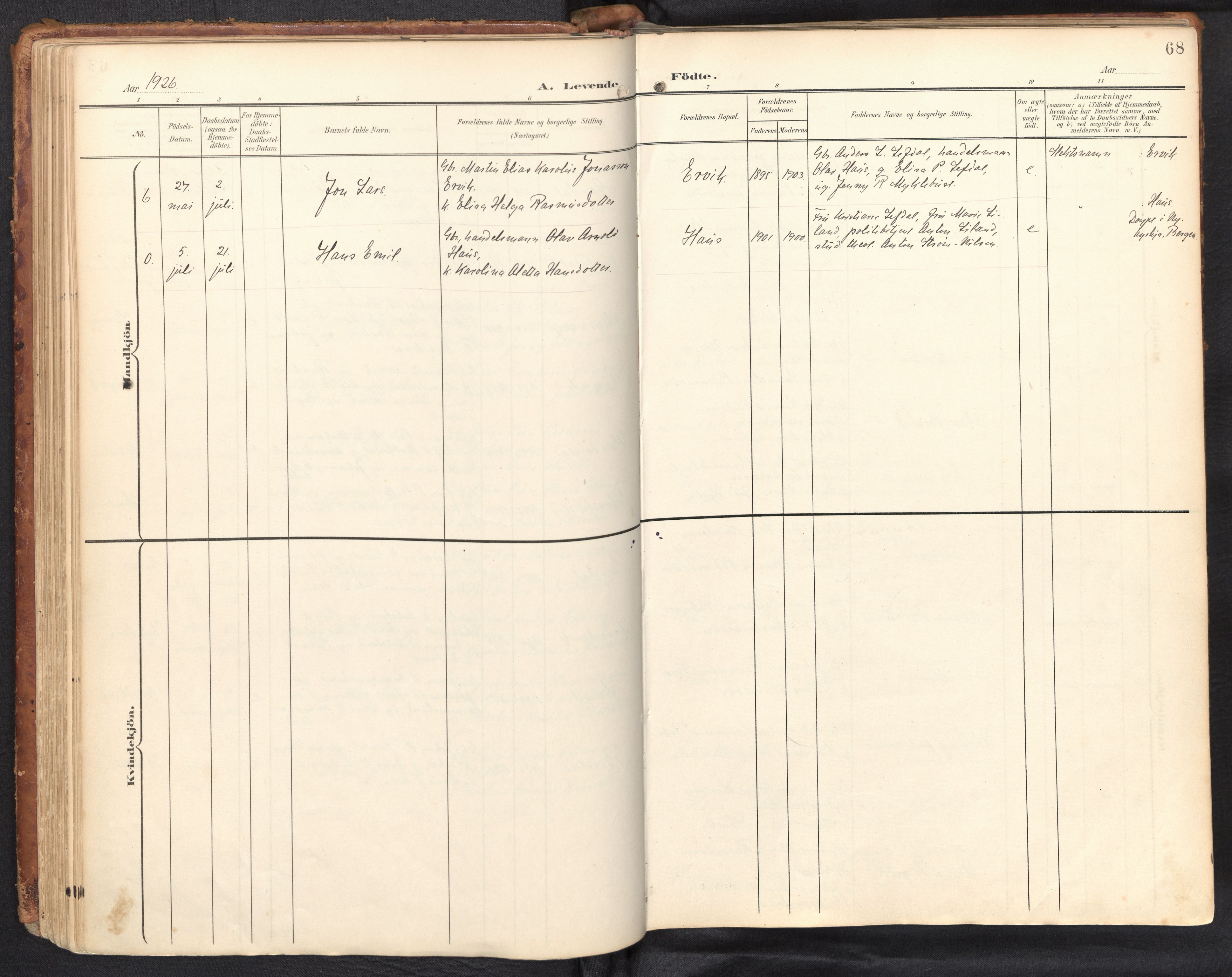Davik sokneprestembete, SAB/A-79701/H/Haa/Haab/L0002: Parish register (official) no. B 2, 1901-1934, p. 68