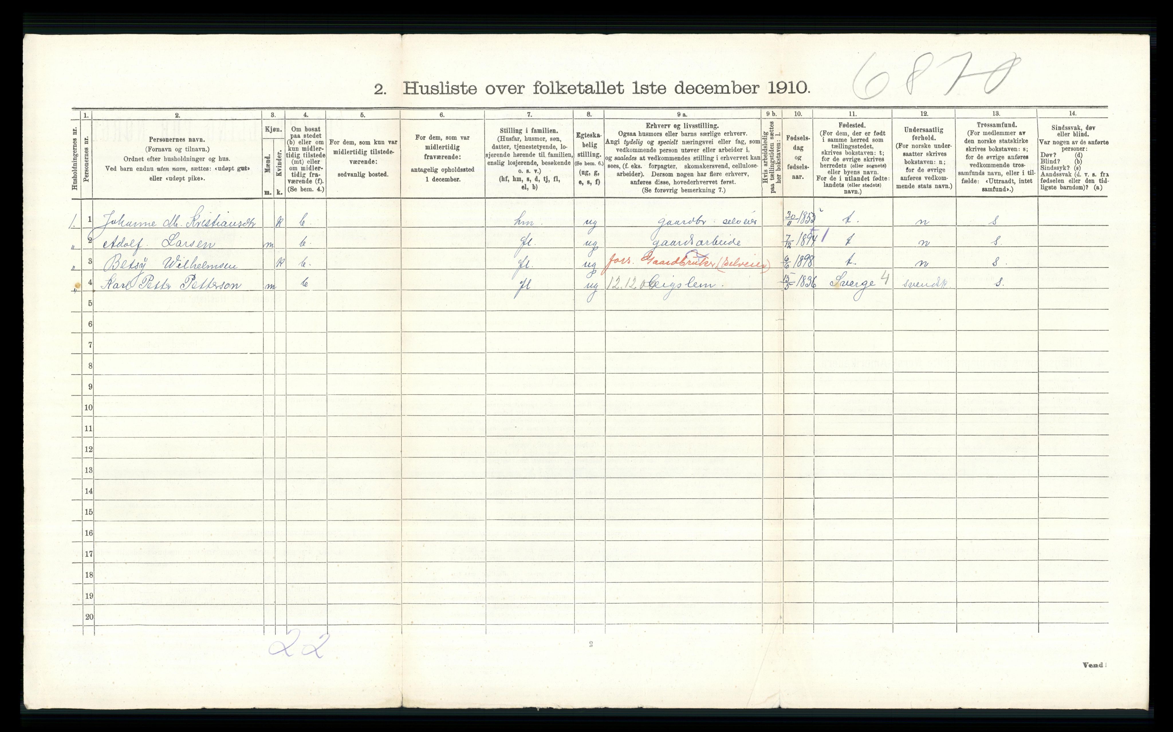 RA, 1910 census for Vestre Toten, 1910, p. 1316