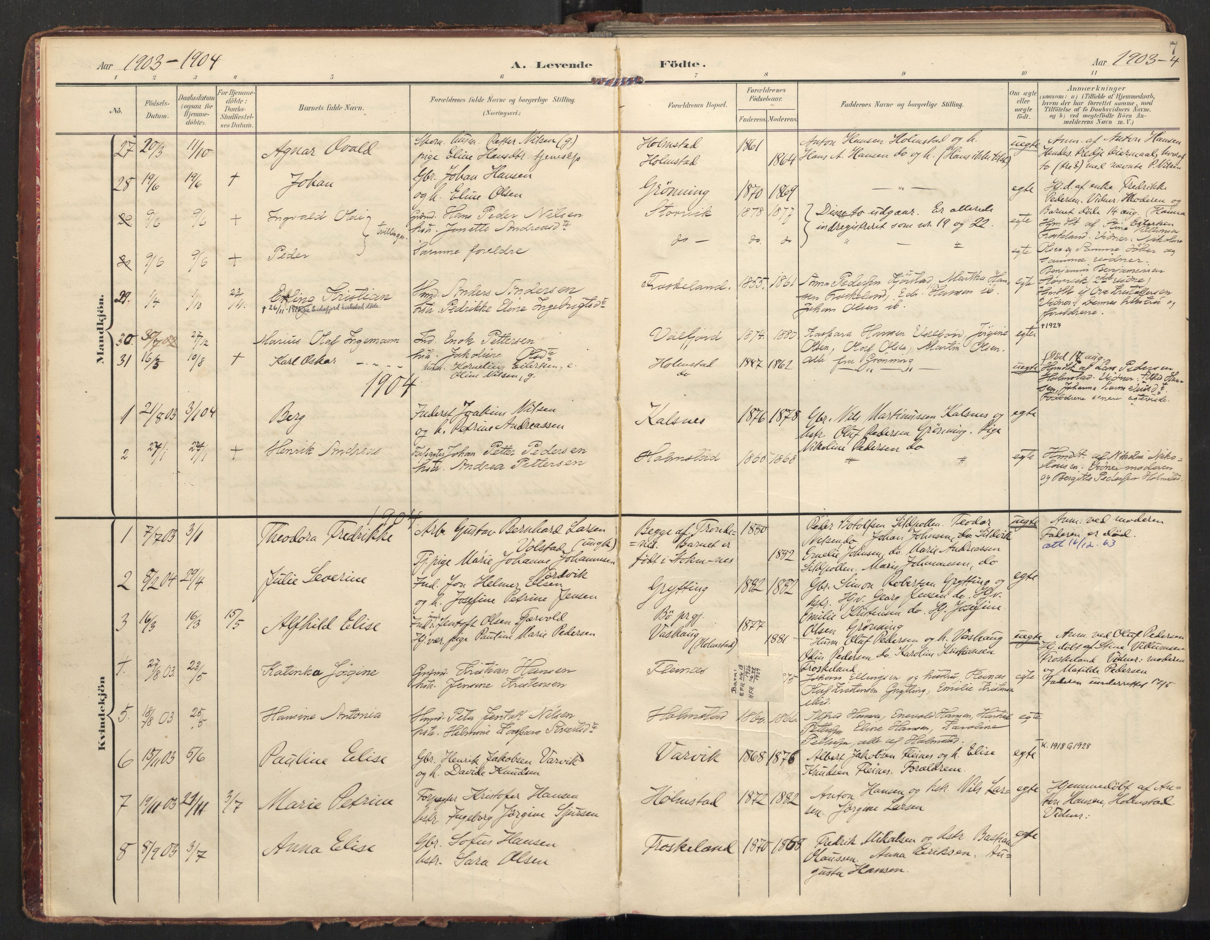 Ministerialprotokoller, klokkerbøker og fødselsregistre - Nordland, AV/SAT-A-1459/890/L1287: Parish register (official) no. 890A02, 1903-1915, p. 7
