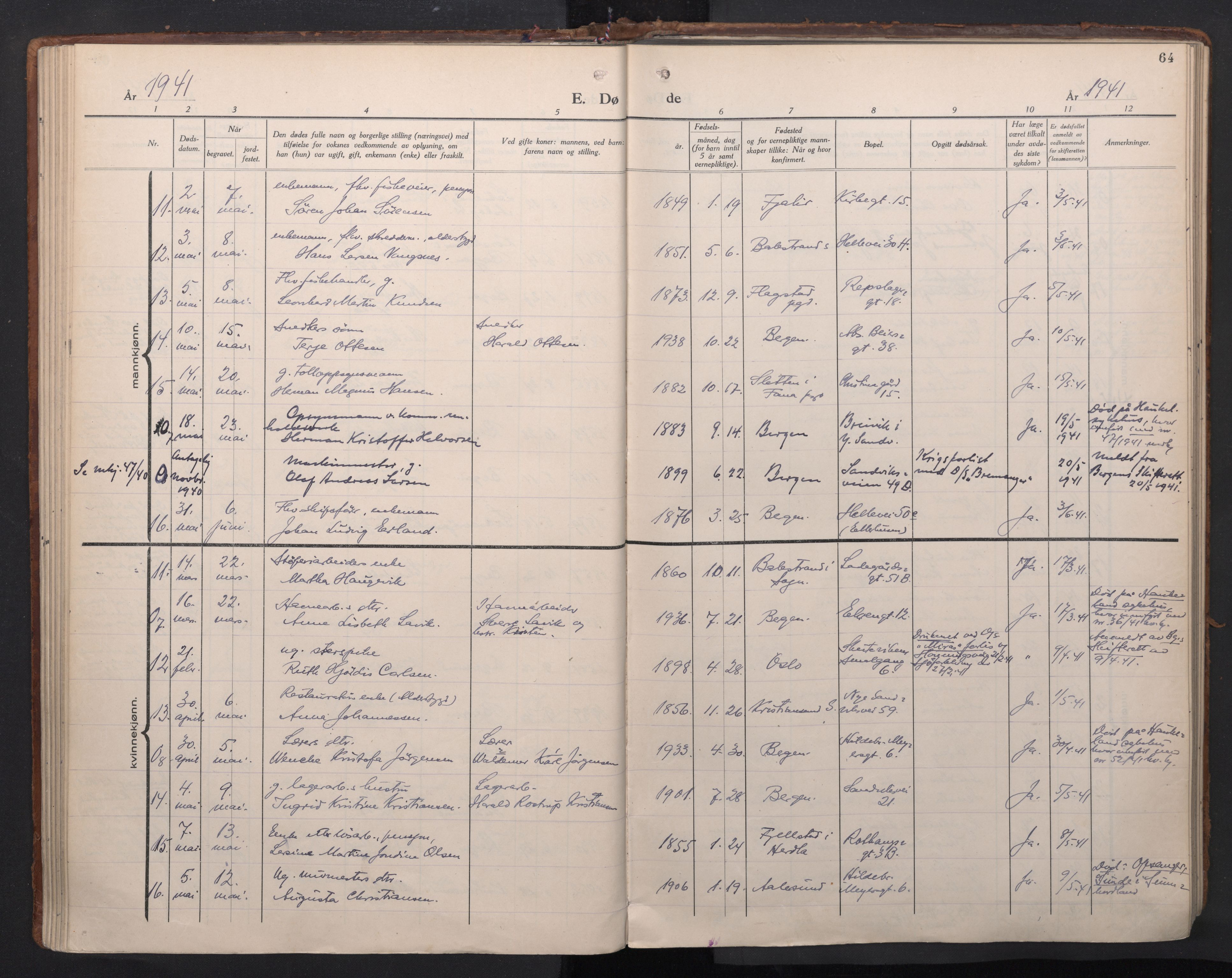 Sandviken Sokneprestembete, AV/SAB-A-77601/H/Ha/L0020: Parish register (official) no. E 3, 1933-1962, p. 64