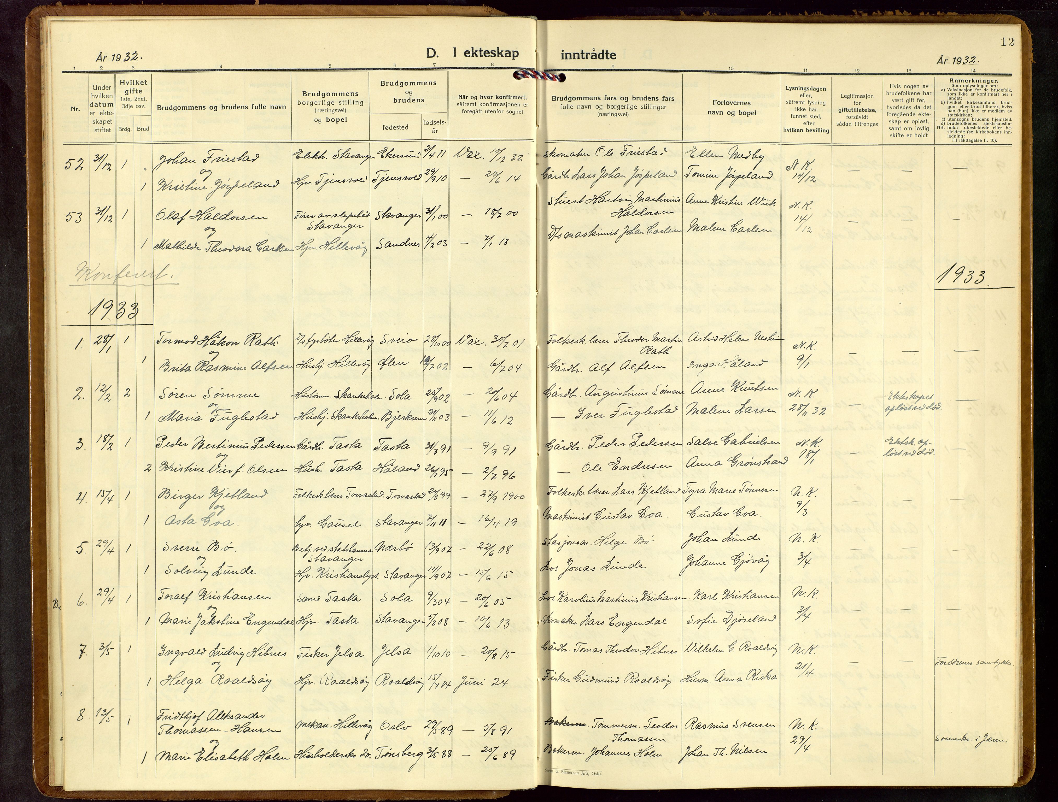 Hetland sokneprestkontor, SAST/A-101826/30/30BB/L0013: Parish register (copy) no. B 13, 1931-1952, p. 12