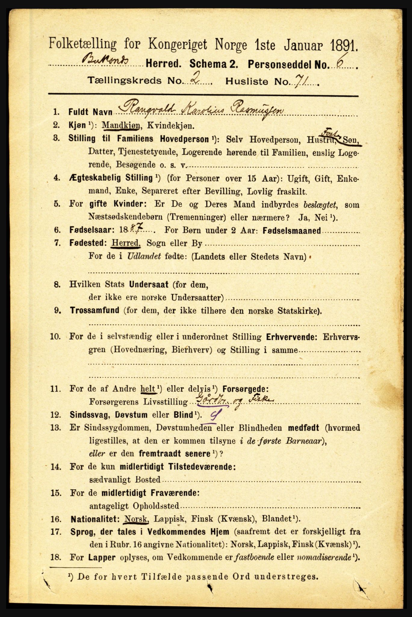 RA, 1891 census for 1860 Buksnes, 1891, p. 2100