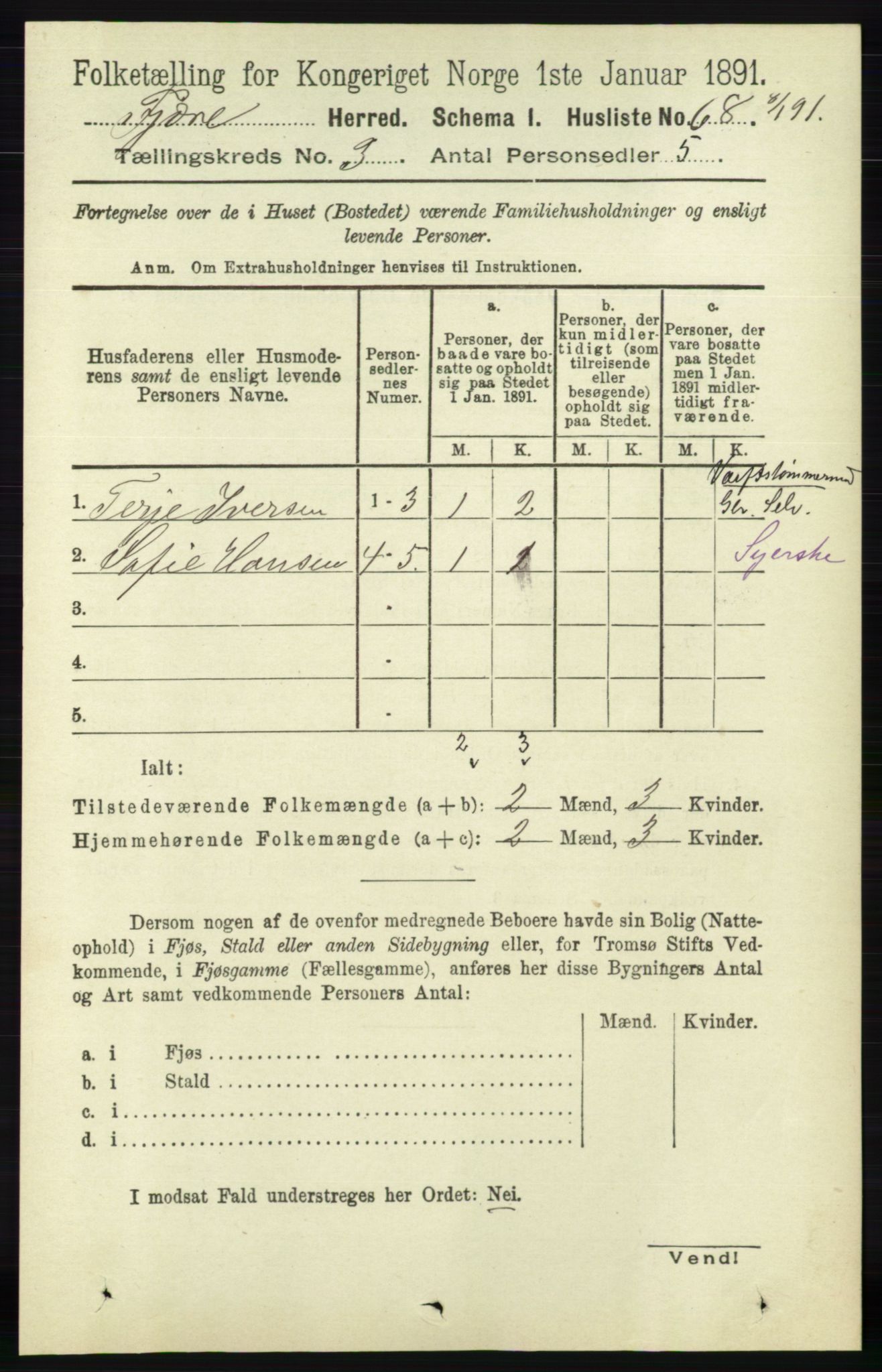 RA, 1891 census for 0923 Fjære, 1891, p. 1376