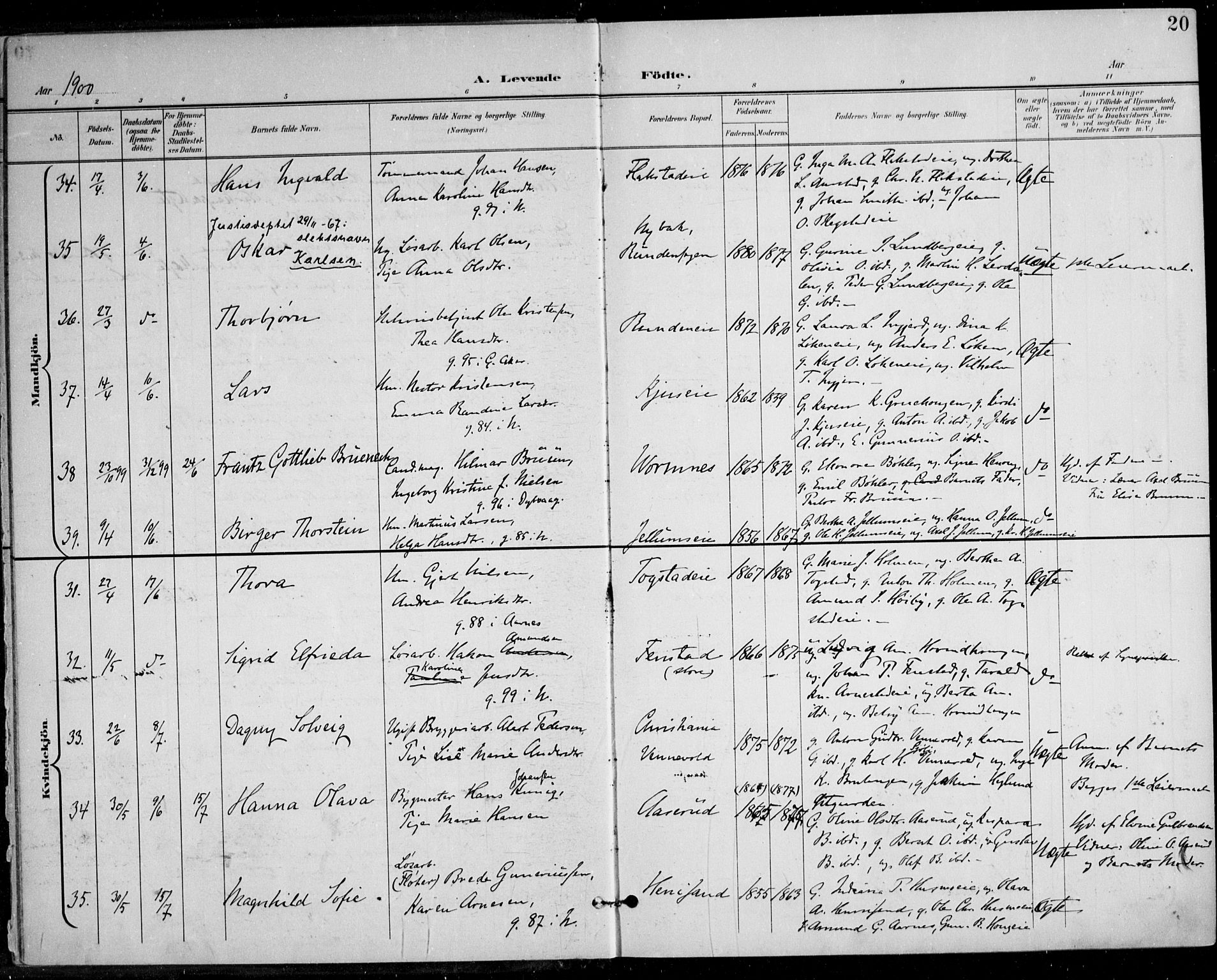 Nes prestekontor Kirkebøker, AV/SAO-A-10410/F/Fa/L0011: Parish register (official) no. I 11, 1899-1918, p. 20