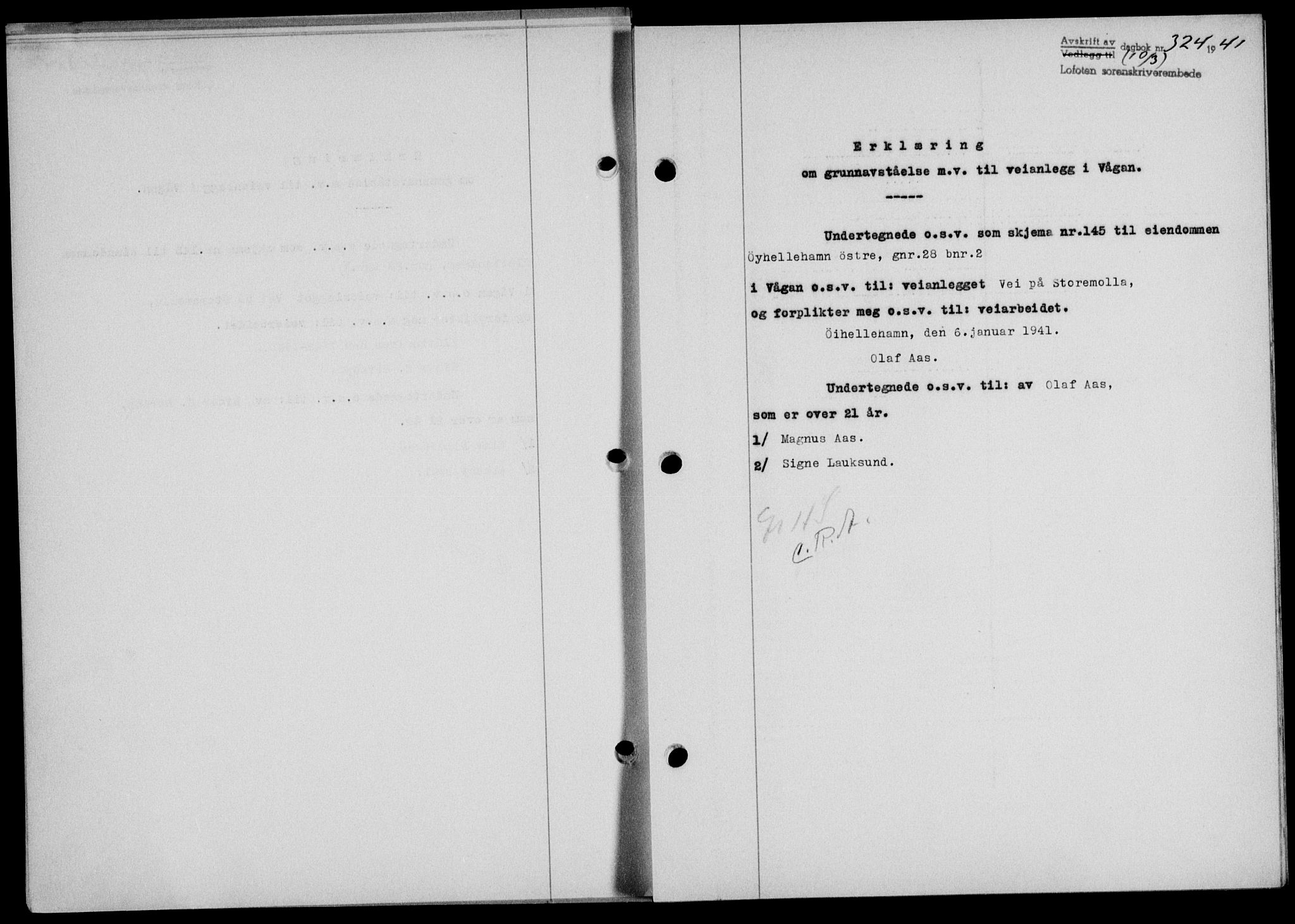 Lofoten sorenskriveri, SAT/A-0017/1/2/2C/L0008a: Mortgage book no. 8a, 1940-1941, Diary no: : 324/1941
