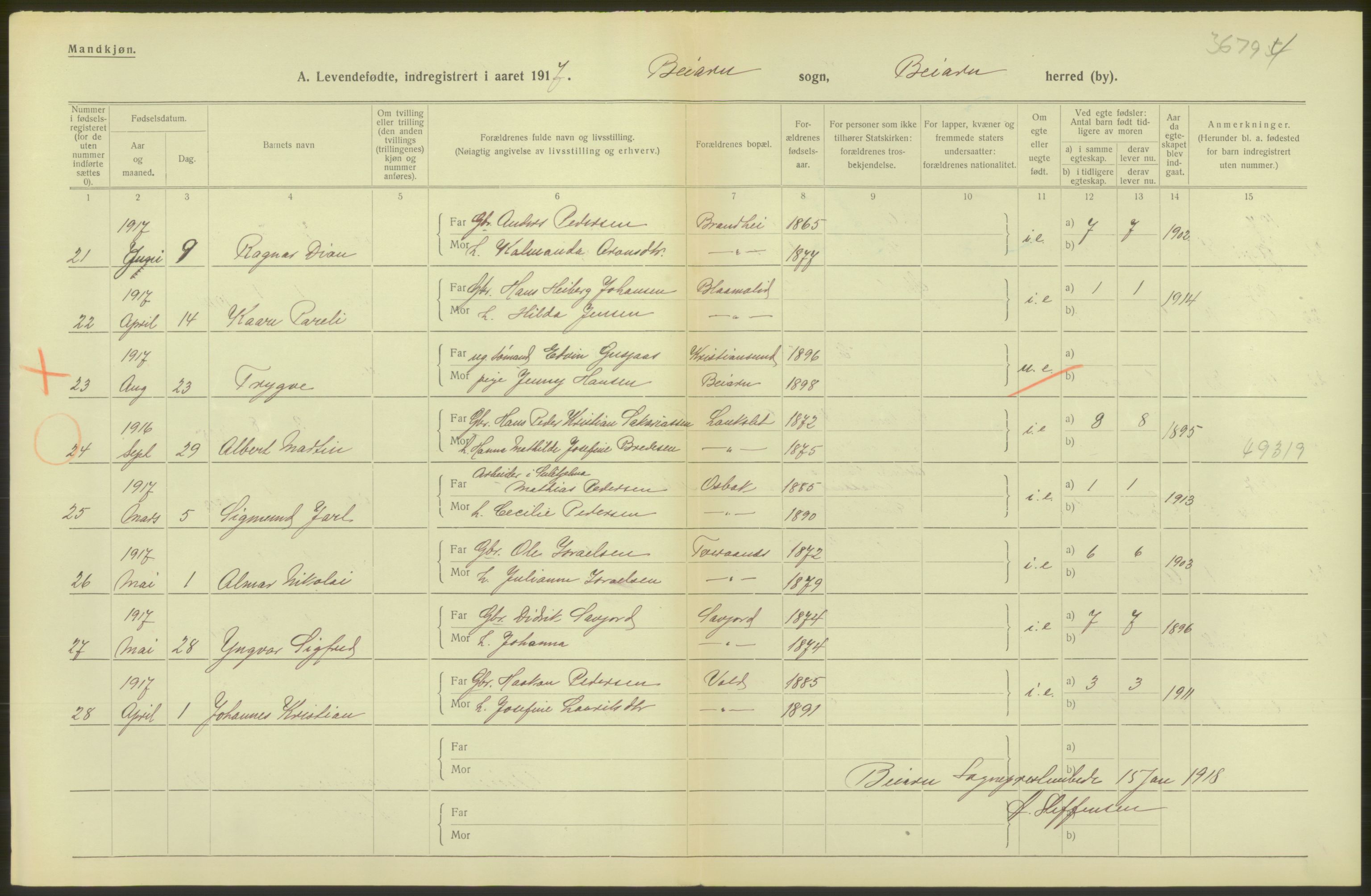 Statistisk sentralbyrå, Sosiodemografiske emner, Befolkning, AV/RA-S-2228/D/Df/Dfb/Dfbg/L0050: Nordlands amt: Levendefødte menn og kvinner. Bygder., 1917, p. 302