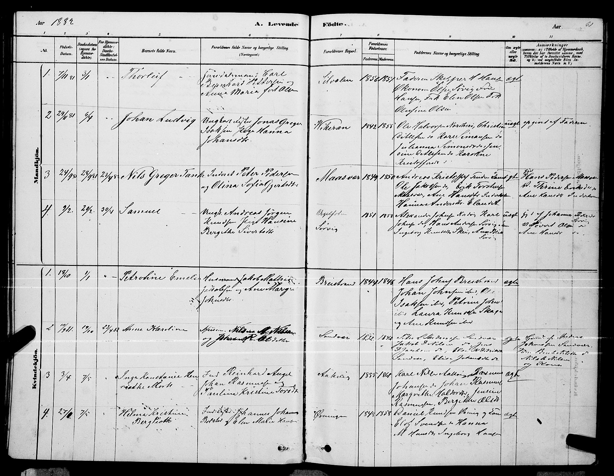 Ministerialprotokoller, klokkerbøker og fødselsregistre - Nordland, AV/SAT-A-1459/834/L0513: Parish register (copy) no. 834C04, 1877-1892, p. 61