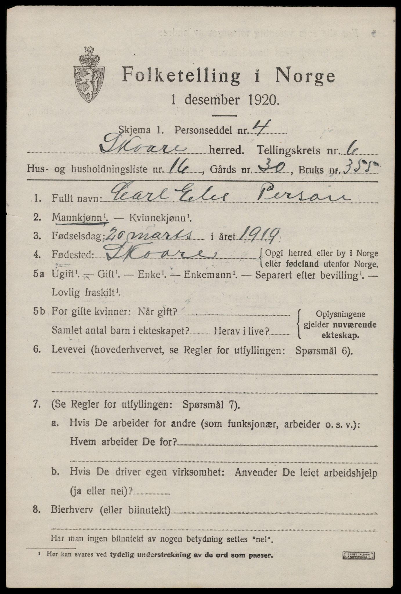 SAST, 1920 census for Skåre, 1920, p. 4058