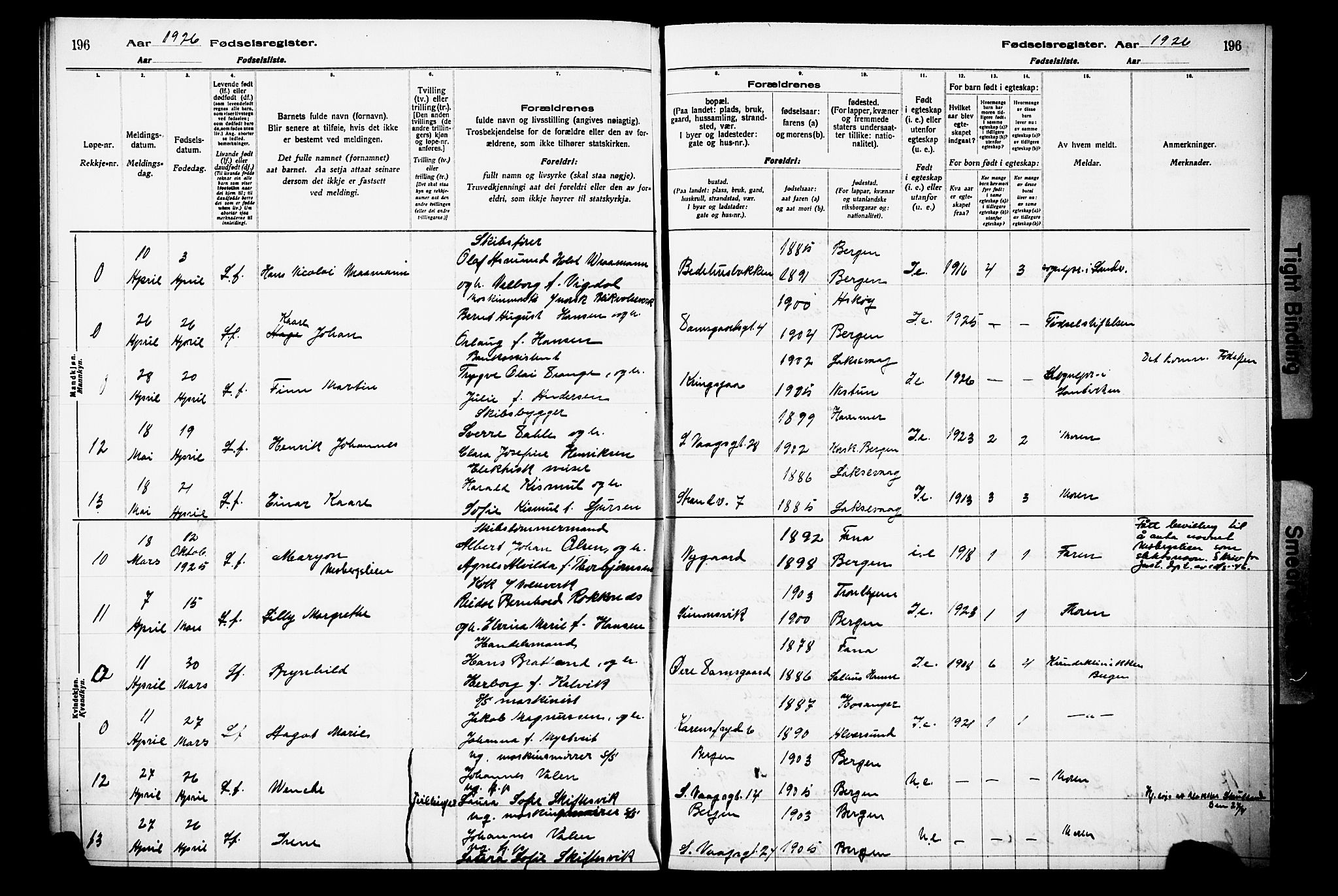 Laksevåg Sokneprestembete, AV/SAB-A-76501/I/Id/L00A1: Birth register no. A 1, 1916-1926, p. 196