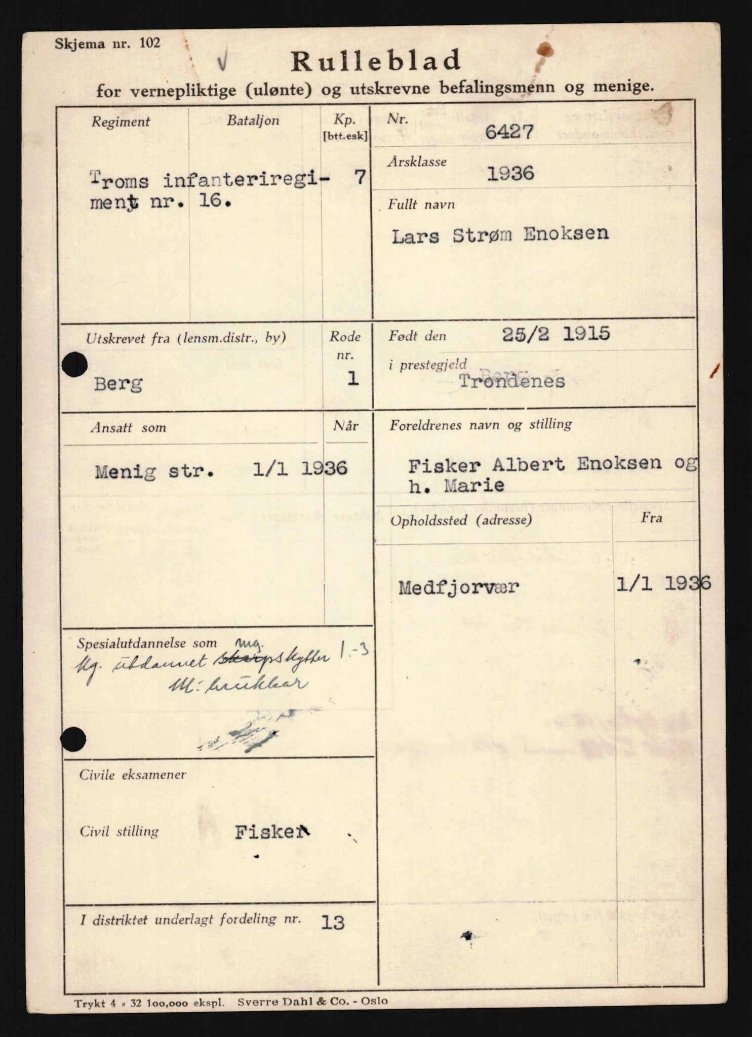 Forsvaret, Troms infanteriregiment nr. 16, AV/RA-RAFA-3146/P/Pa/L0020: Rulleblad for regimentets menige mannskaper, årsklasse 1936, 1936, p. 191