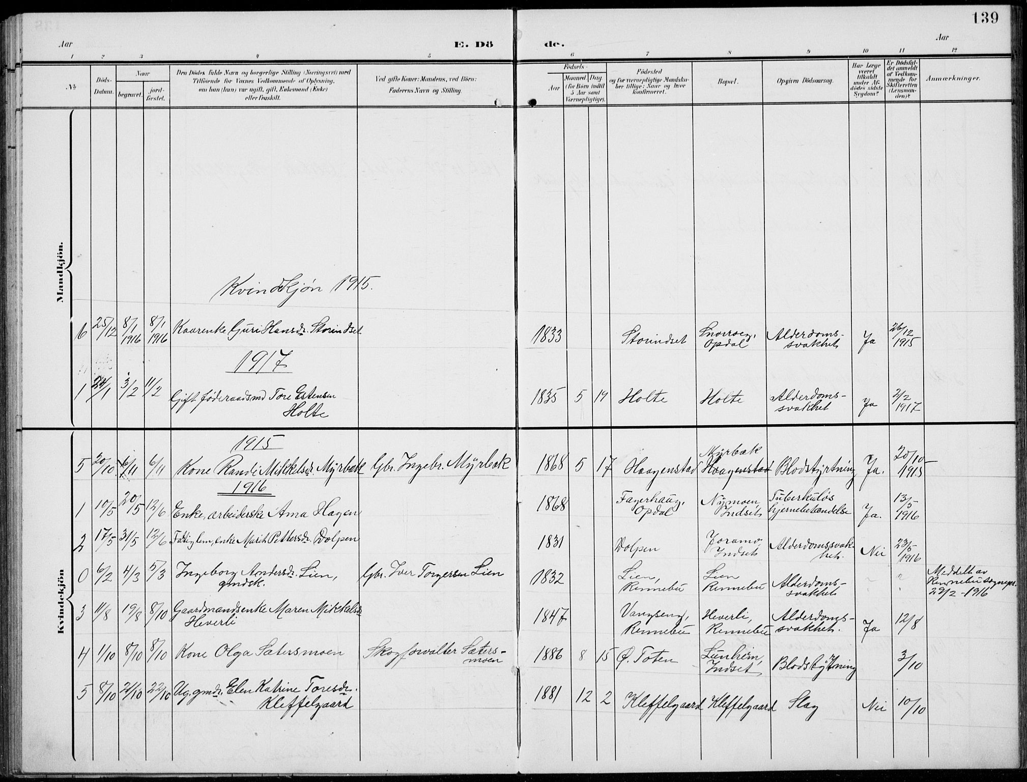 Kvikne prestekontor, SAH/PREST-064/H/Ha/Hab/L0004: Parish register (copy) no. 4, 1902-1937, p. 139