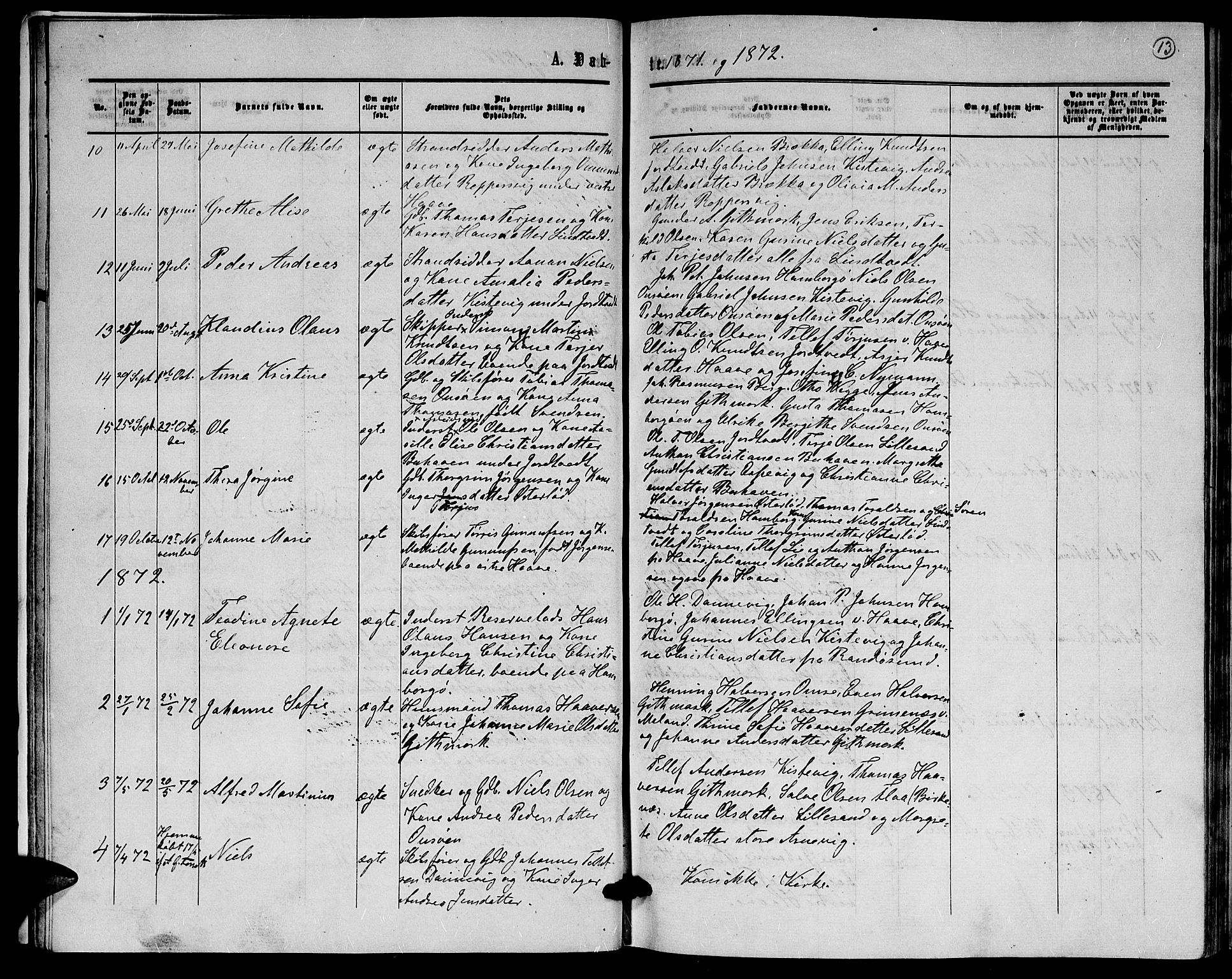 Hommedal sokneprestkontor, AV/SAK-1111-0023/F/Fb/Fba/L0003: Parish register (copy) no. B 3, 1863-1884, p. 13