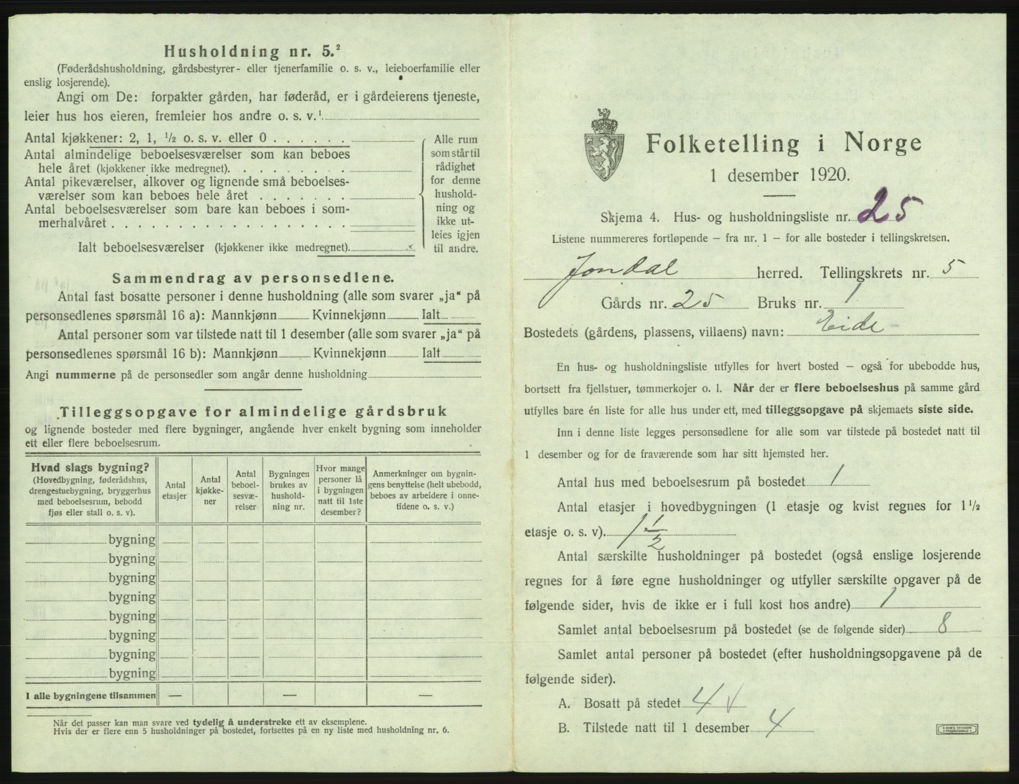 SAB, 1920 census for Jondal, 1920, p. 397