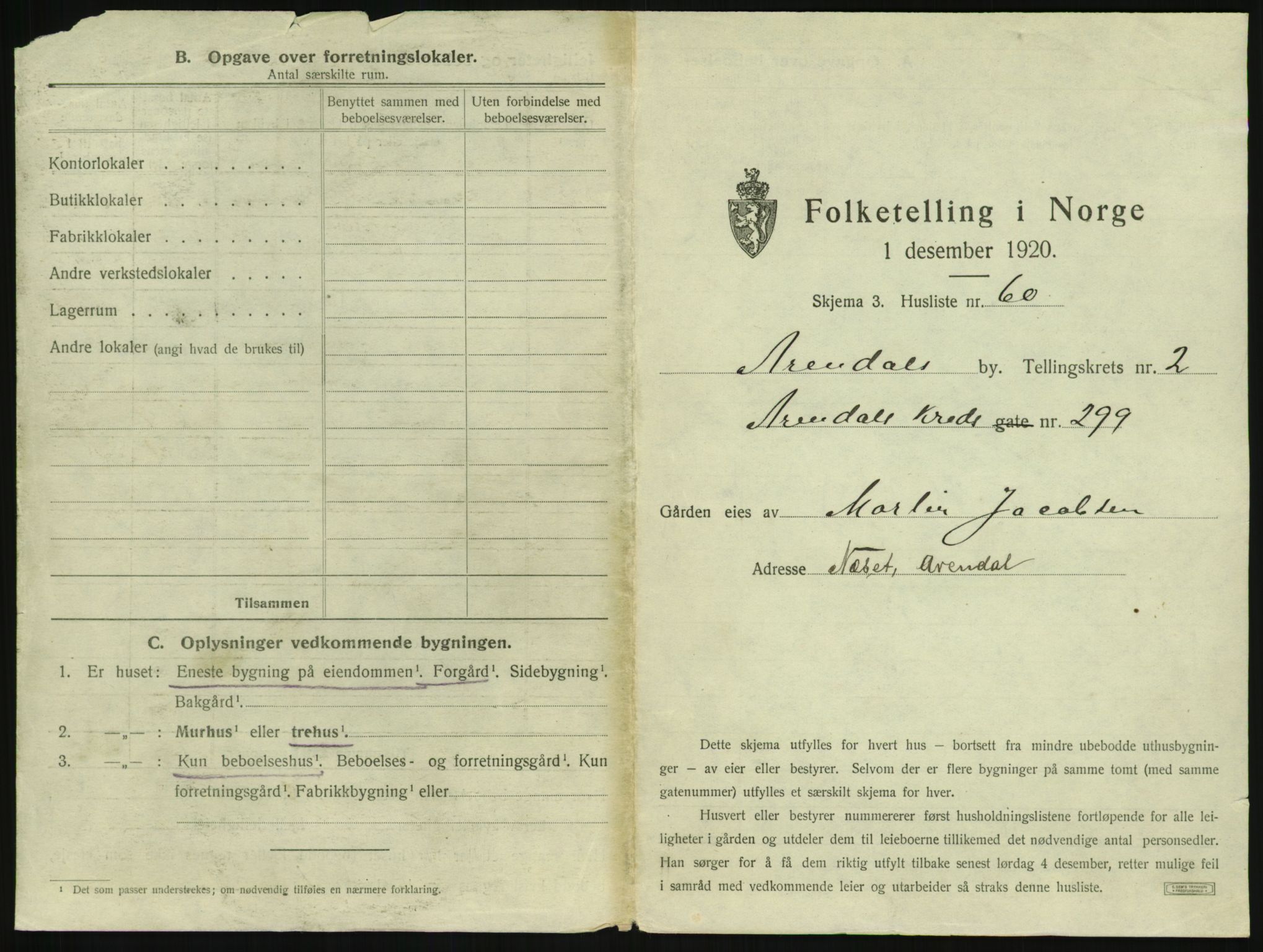 SAK, 1920 census for Arendal, 1920, p. 322