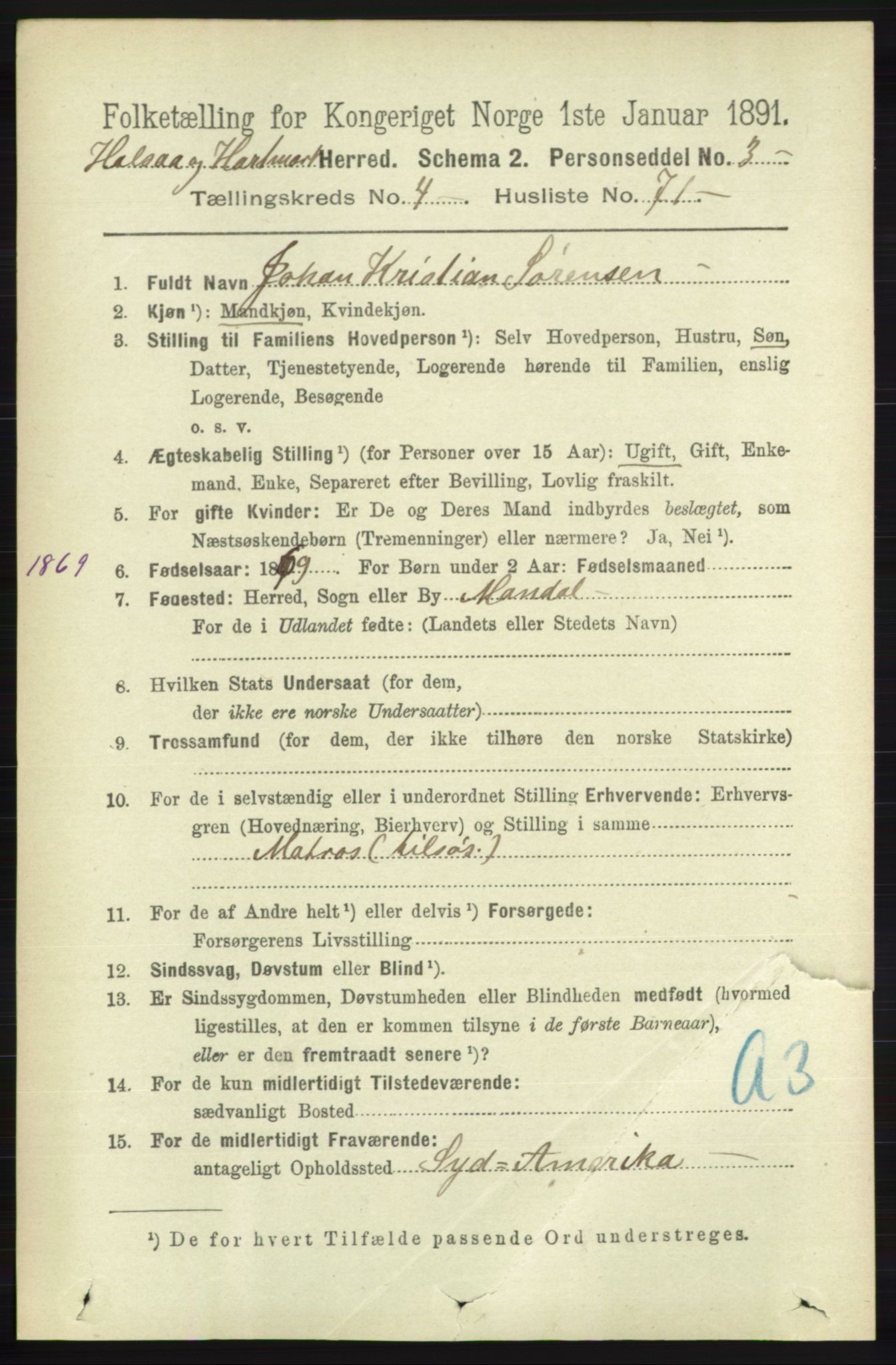 RA, 1891 census for 1019 Halse og Harkmark, 1891, p. 1885