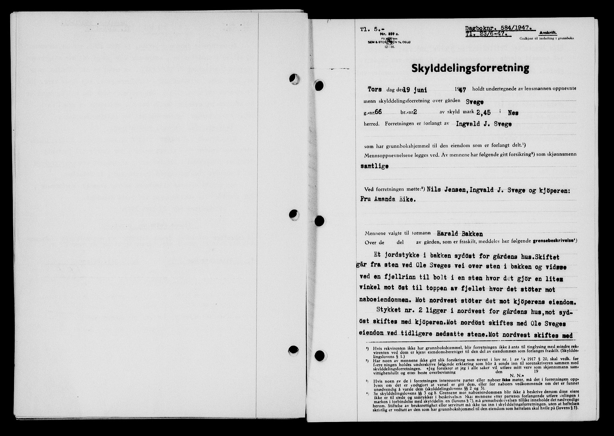 Flekkefjord sorenskriveri, SAK/1221-0001/G/Gb/Gba/L0062: Mortgage book no. A-10, 1947-1947, Diary no: : 584/1947