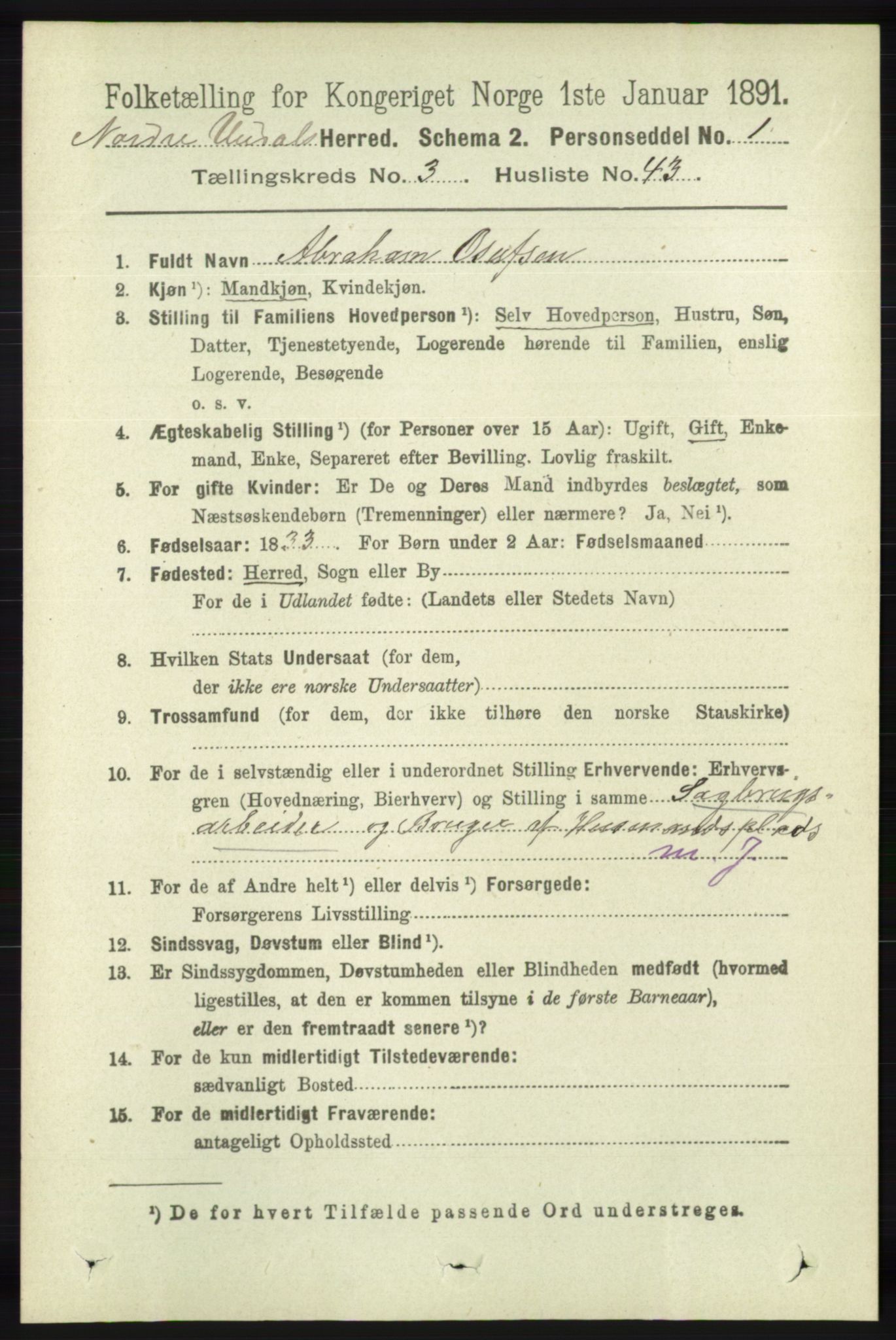 RA, 1891 census for 1028 Nord-Audnedal, 1891, p. 962