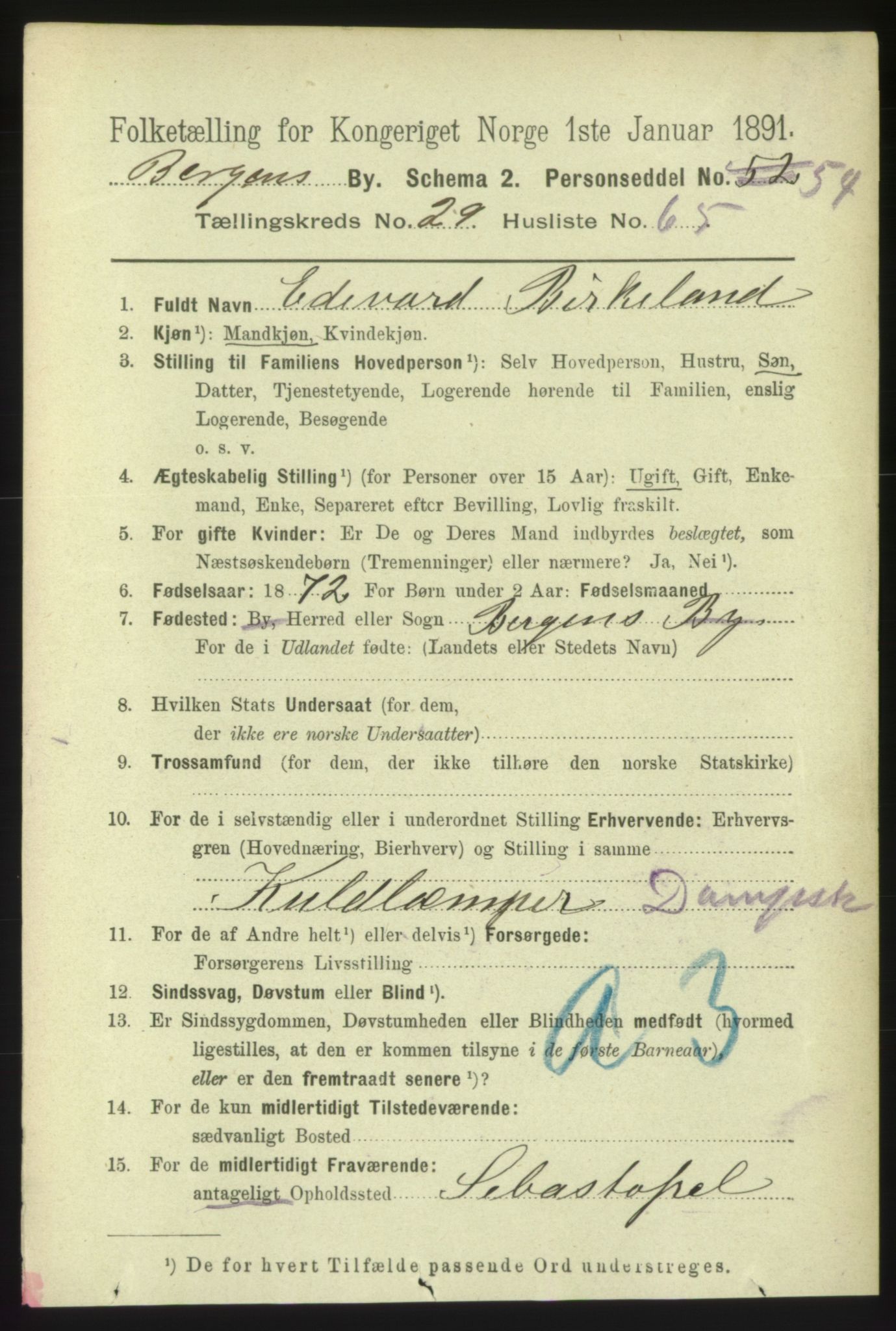 RA, 1891 Census for 1301 Bergen, 1891, p. 38097