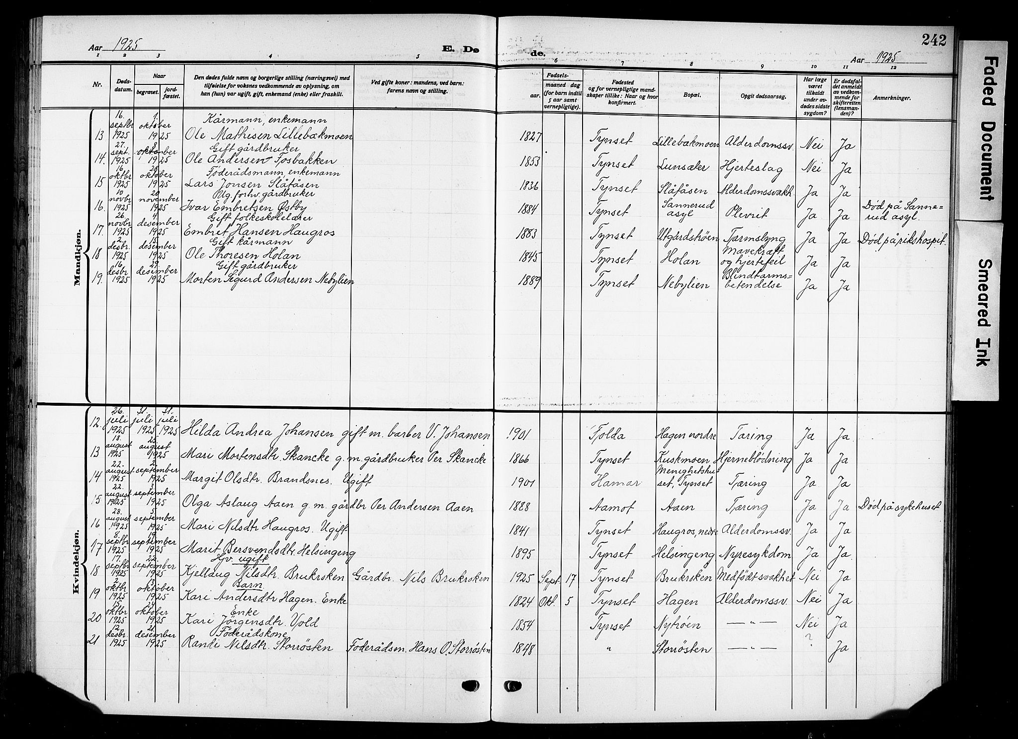 Tynset prestekontor, AV/SAH-PREST-058/H/Ha/Hab/L0011: Parish register (copy) no. 11, 1915-1930, p. 242