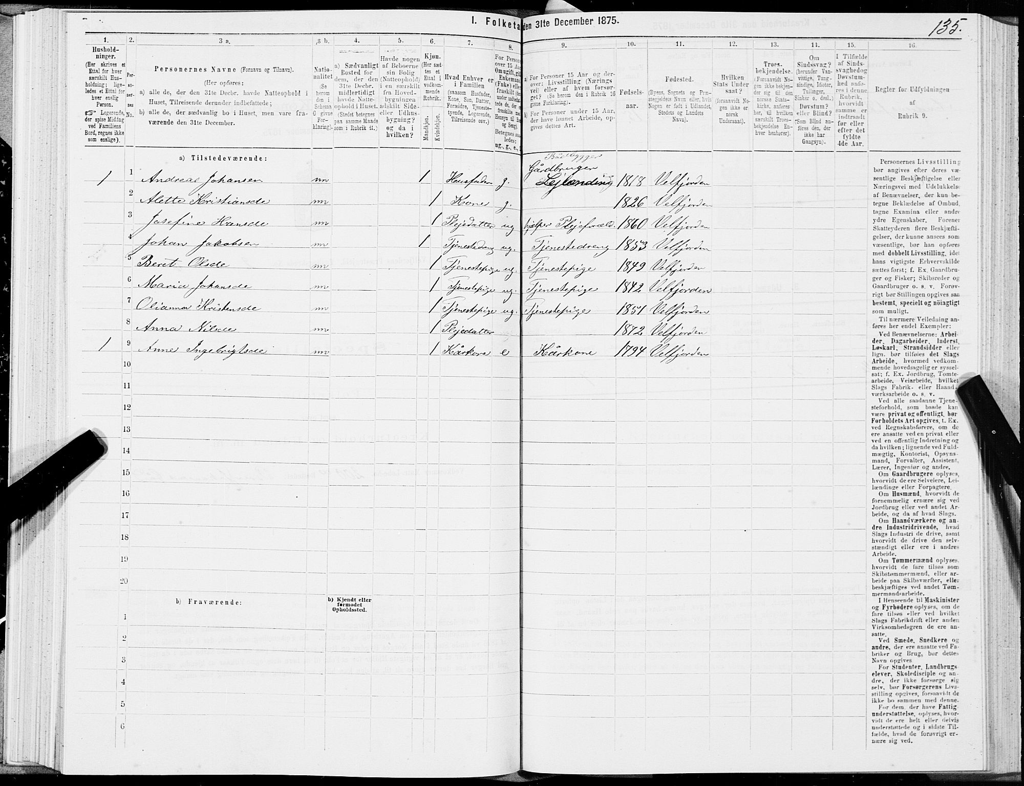 SAT, 1875 census for 1813P Velfjord, 1875, p. 1135