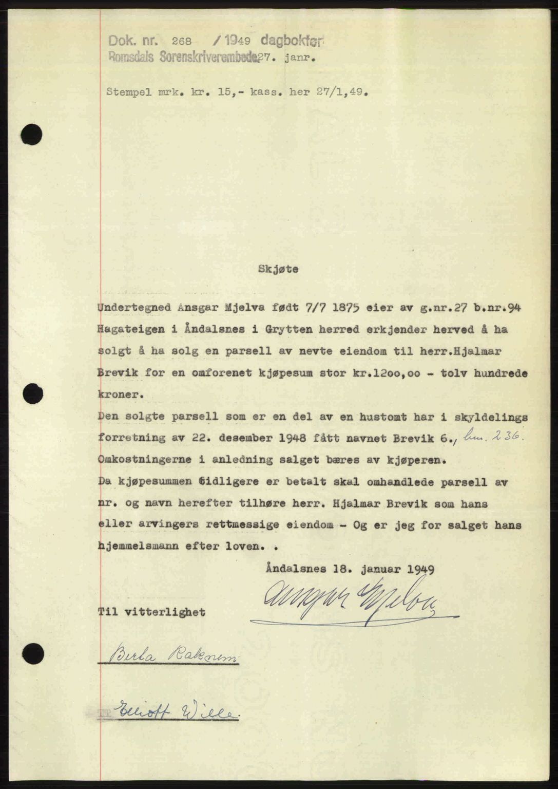 Romsdal sorenskriveri, AV/SAT-A-4149/1/2/2C: Mortgage book no. A28, 1948-1949, Diary no: : 268/1949