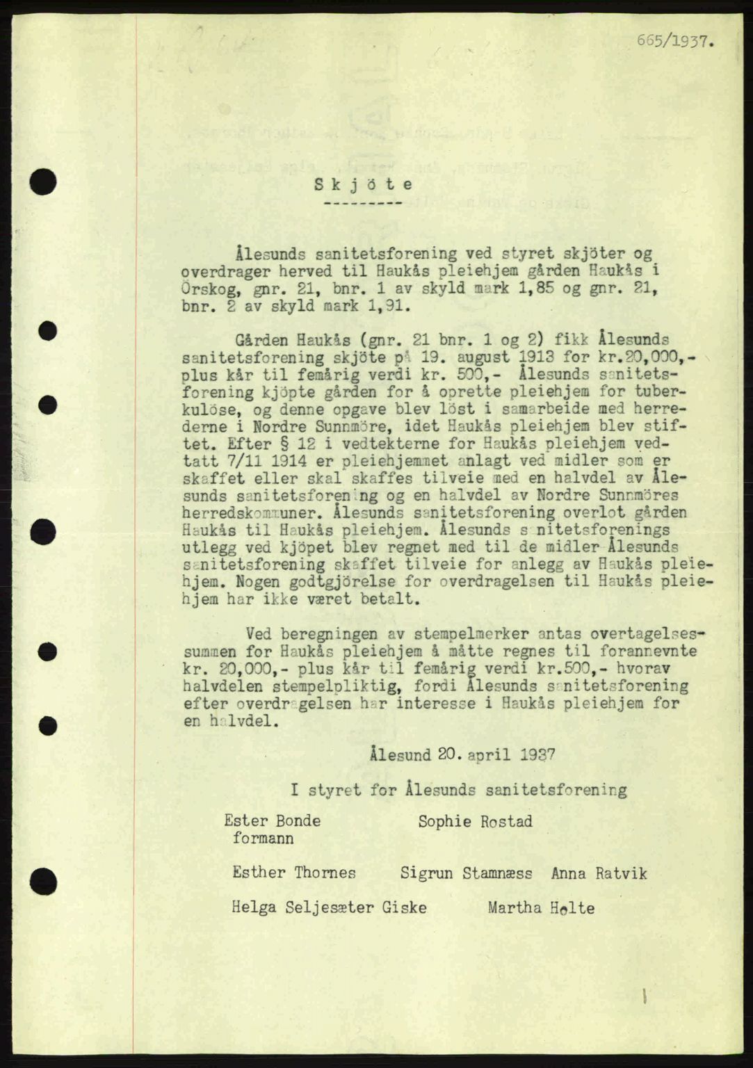 Nordre Sunnmøre sorenskriveri, AV/SAT-A-0006/1/2/2C/2Ca: Mortgage book no. A2, 1936-1937, Diary no: : 665/1937