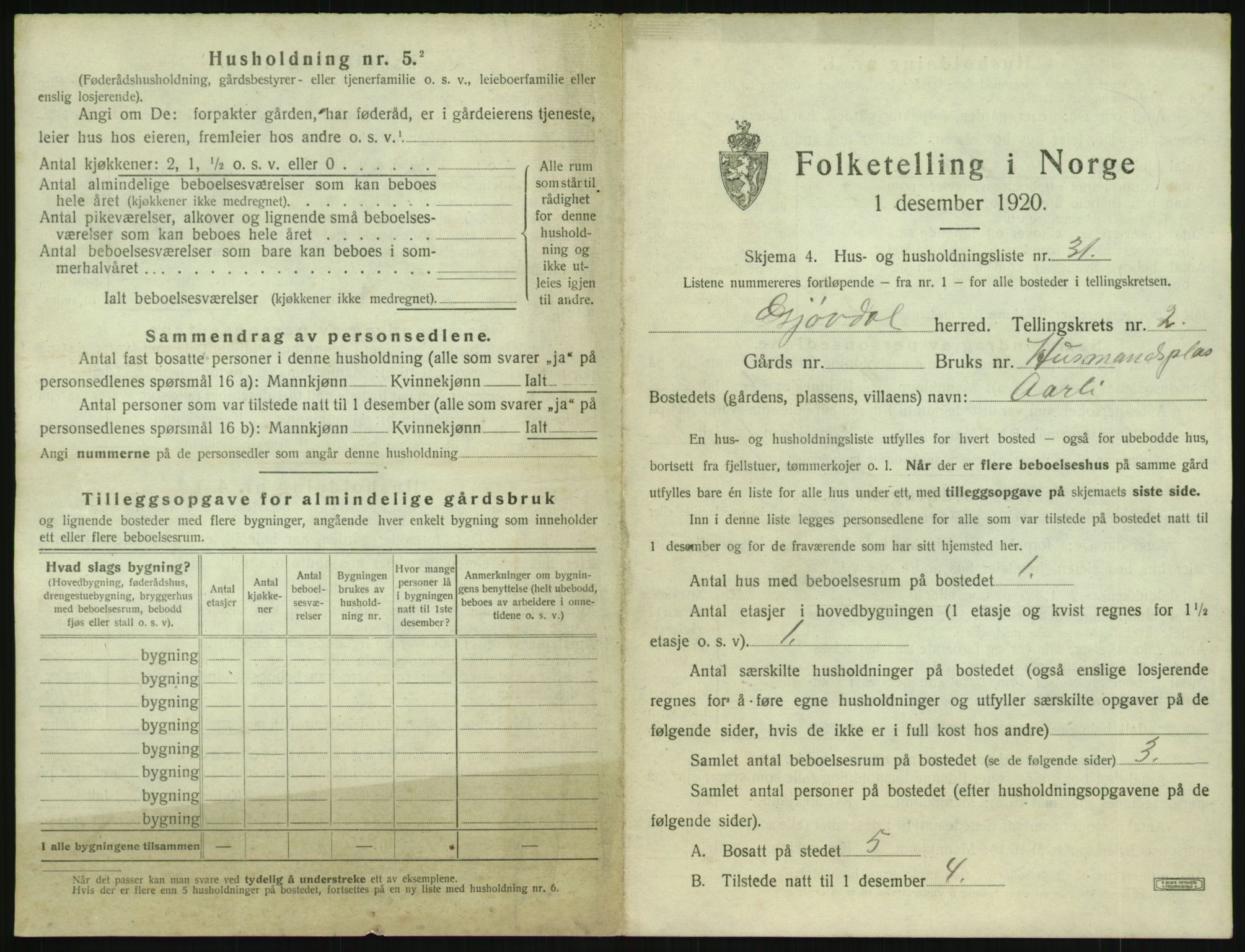 SAK, 1920 census for Gjøvdal, 1920, p. 184