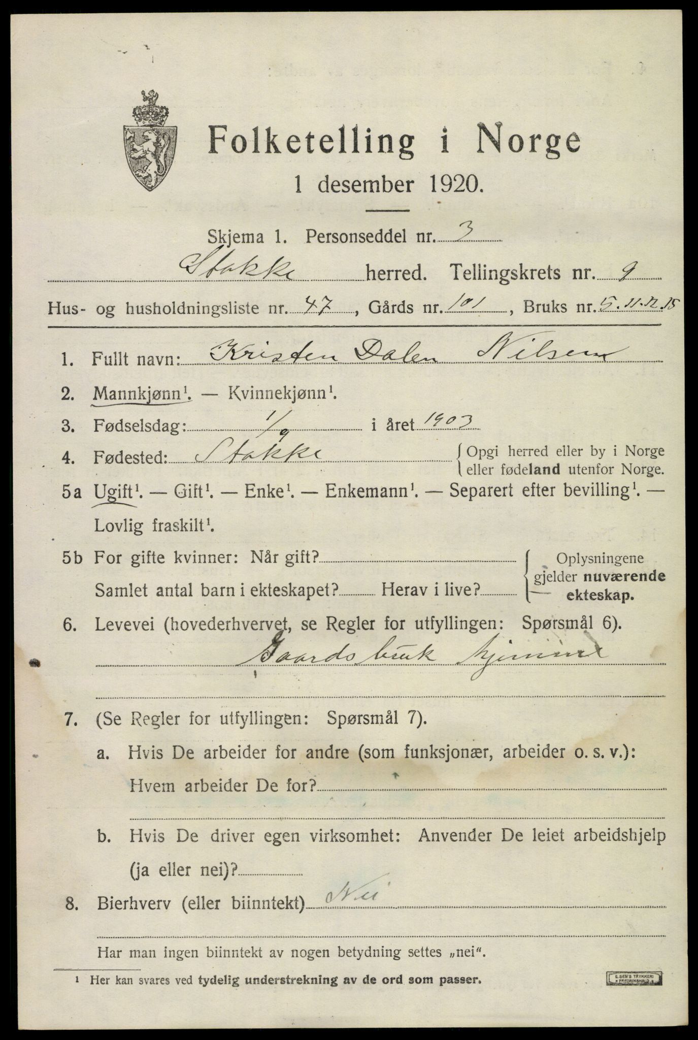 SAKO, 1920 census for Stokke, 1920, p. 10920