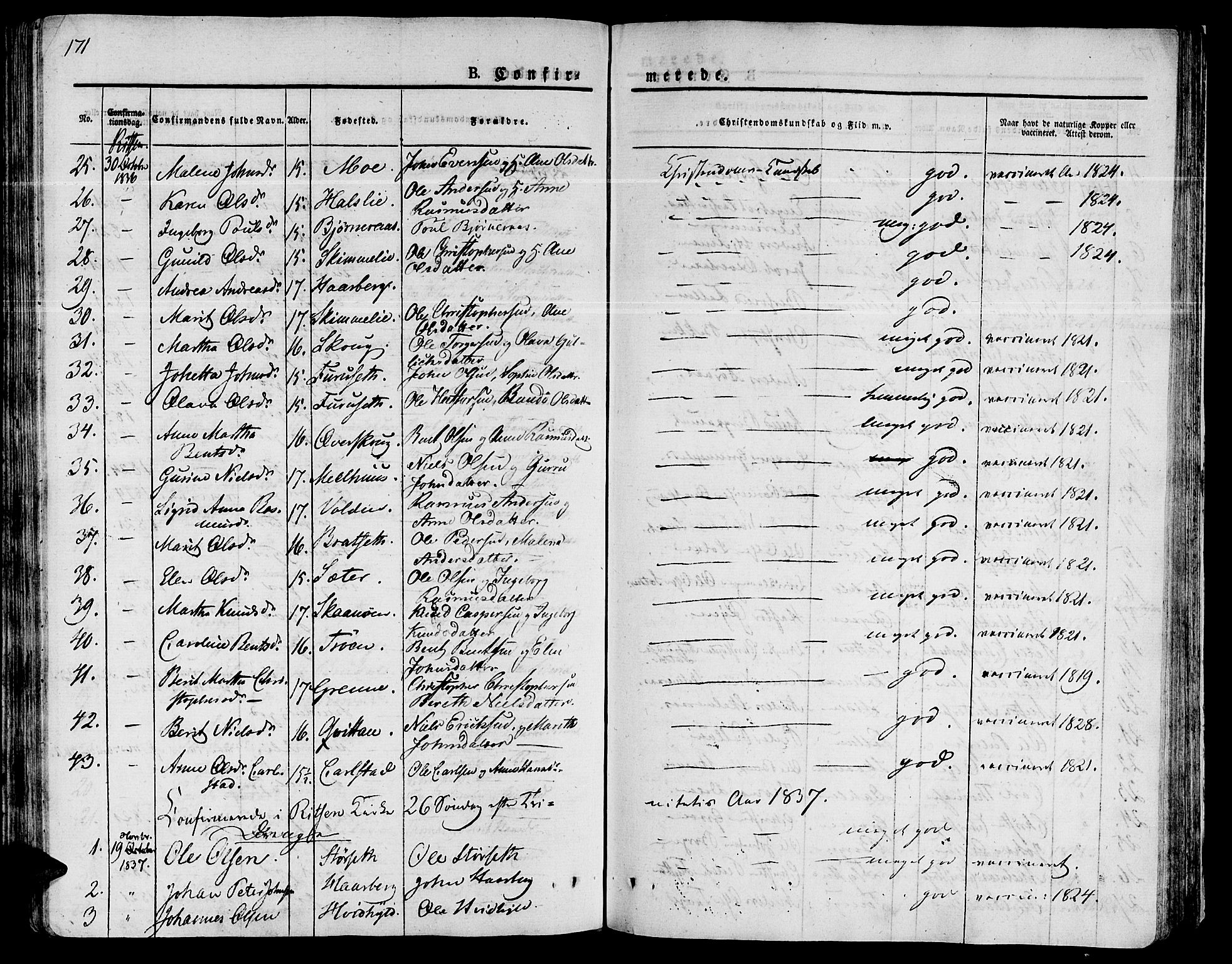 Ministerialprotokoller, klokkerbøker og fødselsregistre - Sør-Trøndelag, SAT/A-1456/646/L0609: Parish register (official) no. 646A07, 1826-1838, p. 171