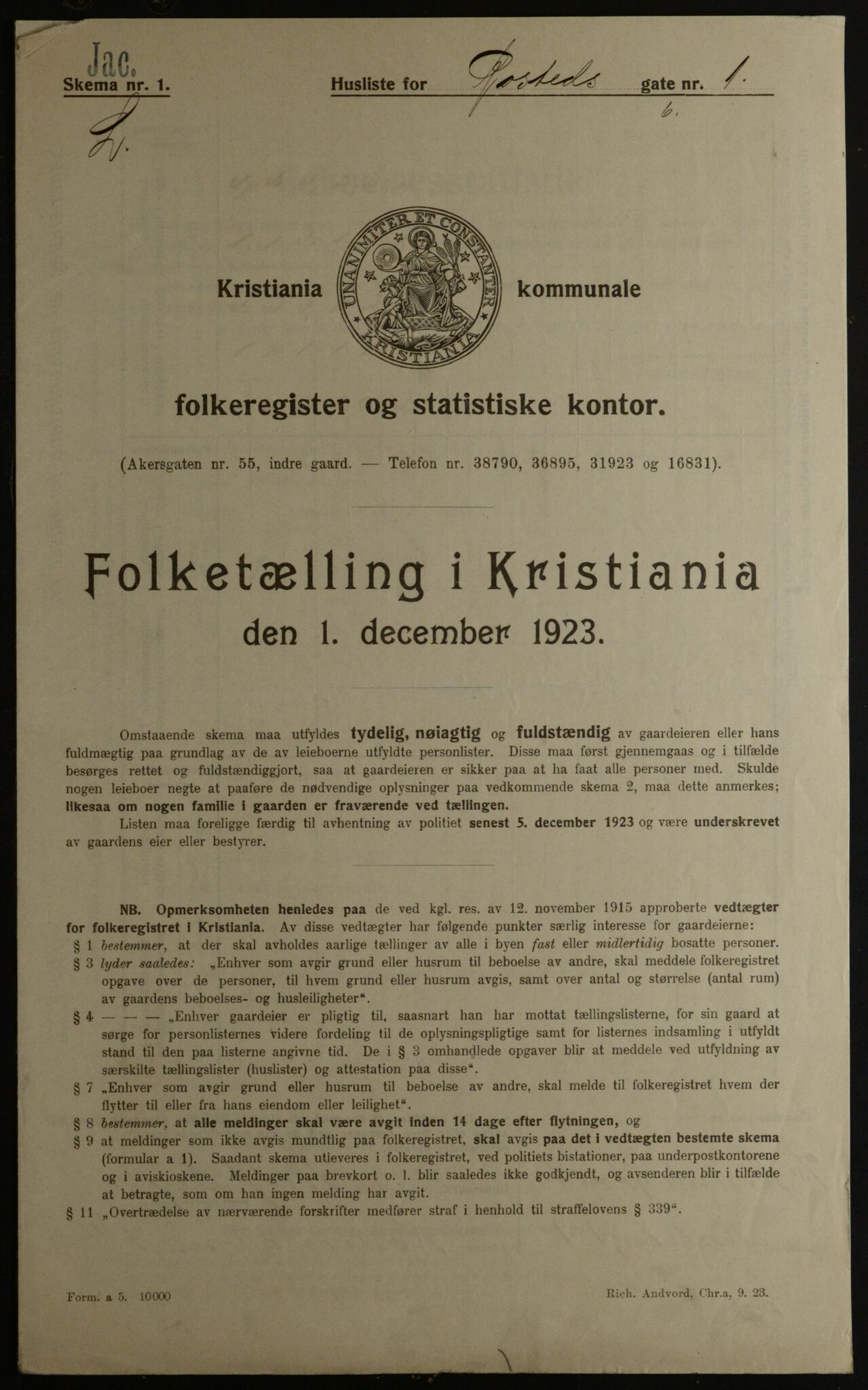 OBA, Municipal Census 1923 for Kristiania, 1923, p. 92919