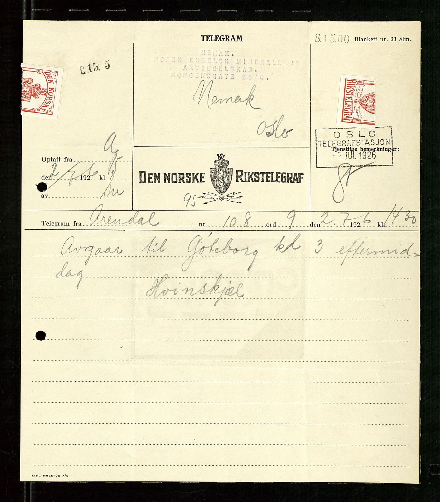 Pa 1521 - A/S Norske Shell, AV/SAST-A-101915/E/Ea/Eaa/L0024: Sjefskorrespondanse, 1926, p. 22