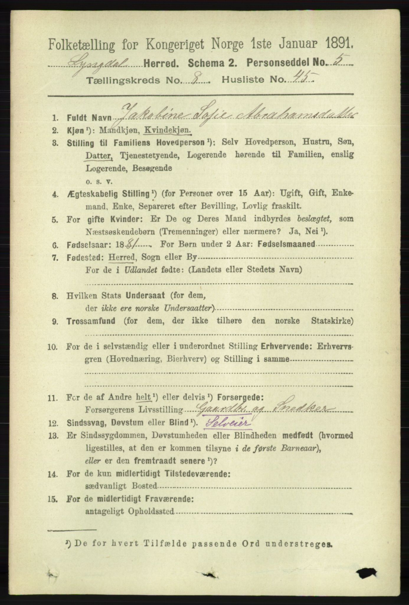 RA, 1891 census for 1032 Lyngdal, 1891, p. 3606