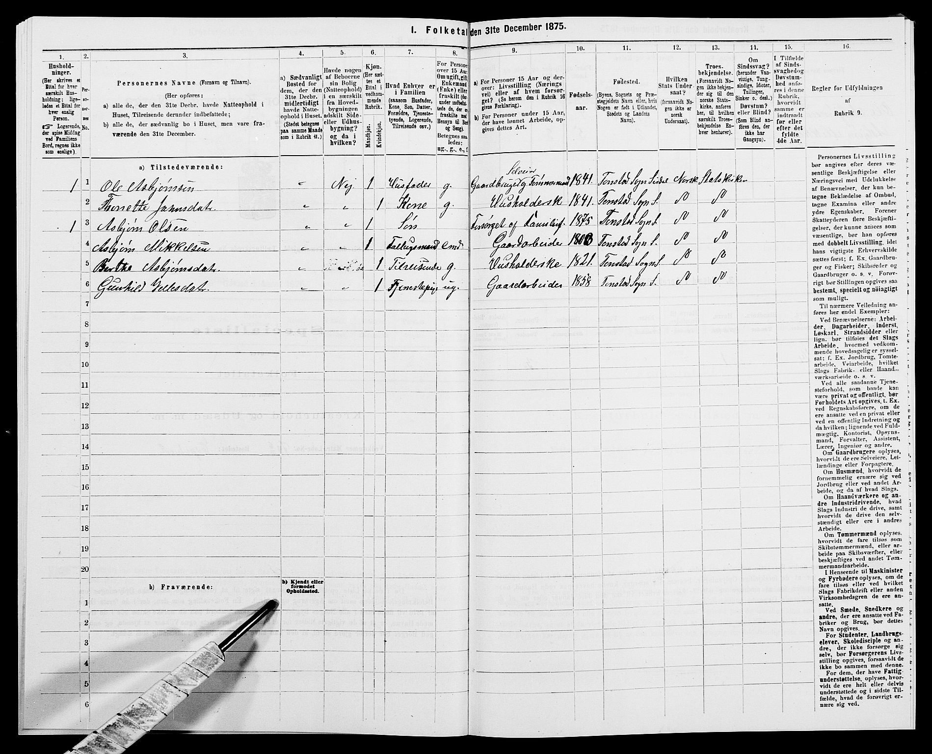 SAK, 1875 census for 1046P Sirdal, 1875, p. 157