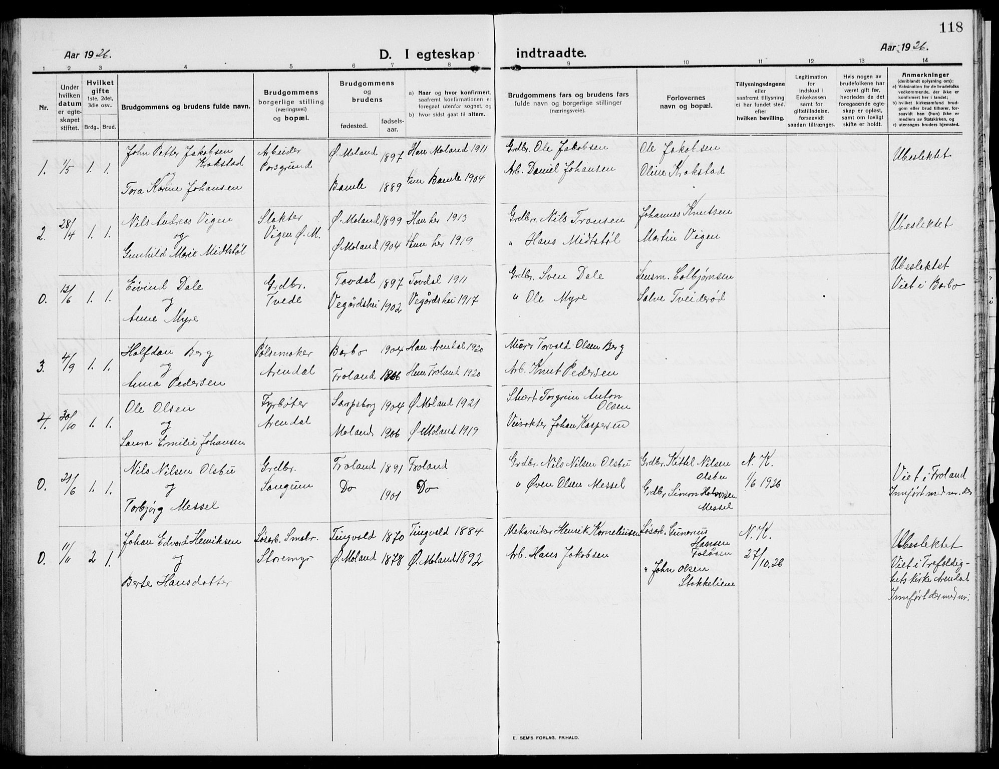 Austre Moland sokneprestkontor, SAK/1111-0001/F/Fb/Fba/L0005: Parish register (copy) no. B 4b, 1914-1935, p. 118