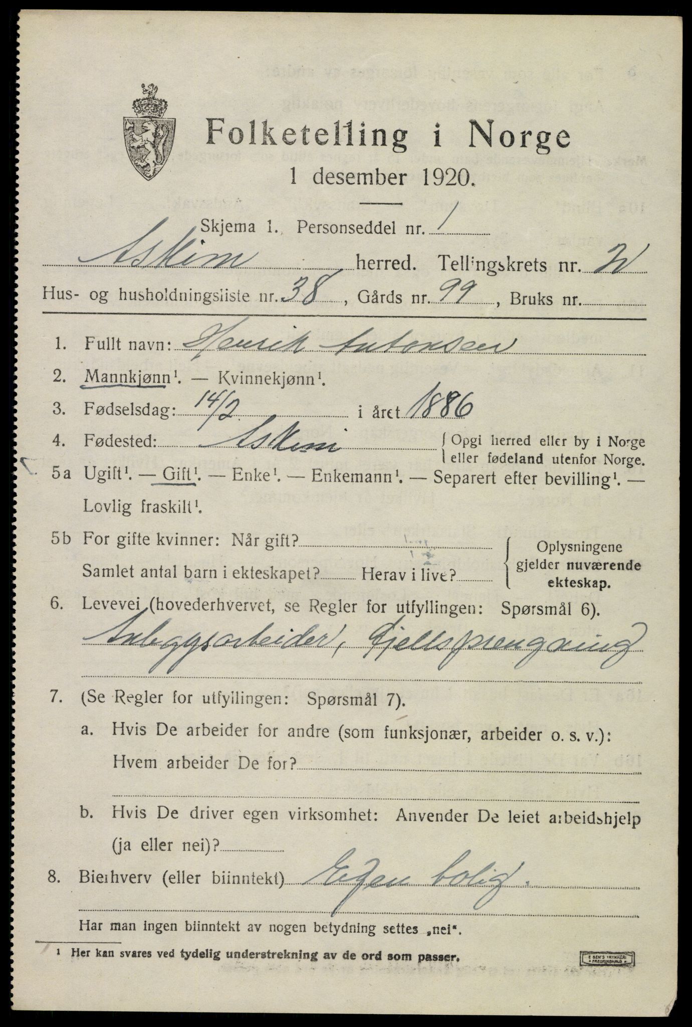 SAO, 1920 census for Askim, 1920, p. 5119