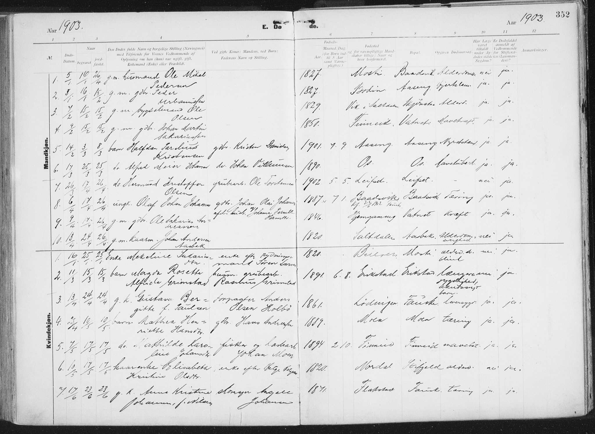 Ministerialprotokoller, klokkerbøker og fødselsregistre - Nordland, AV/SAT-A-1459/849/L0696: Parish register (official) no. 849A08, 1898-1910, p. 352