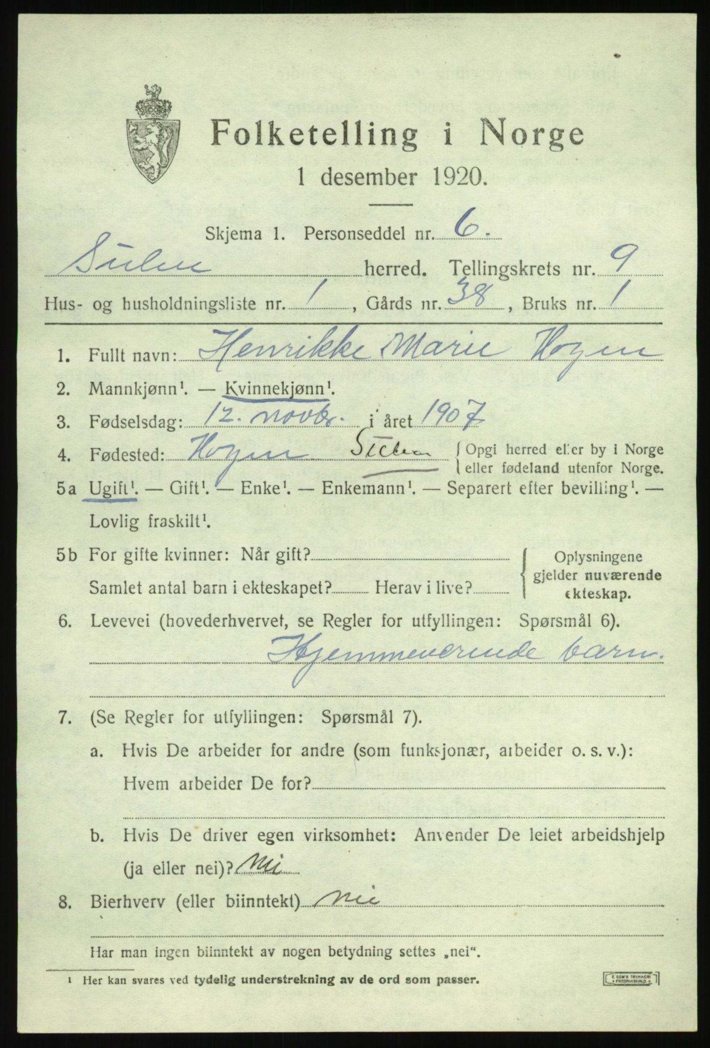 SAB, 1920 census for Solund, 1920, p. 3254